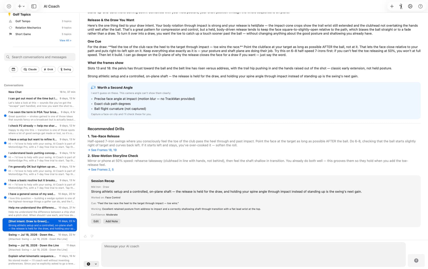 The MotionEdge AI Coach on Mac. A sidebar lists Golf Topics — Golf Tempo, Rotation Mechanics, Short Game — above a searchable history of past conversations going back weeks. The open conversation gives a release-and-draw diagnosis, one cue, what the frames show, a "Worth a Second Angle" panel listing what this camera angle cannot judge, two recommended drills linked to specific frame numbers, and a Session Recap with the cue, what is working, and a confidence level