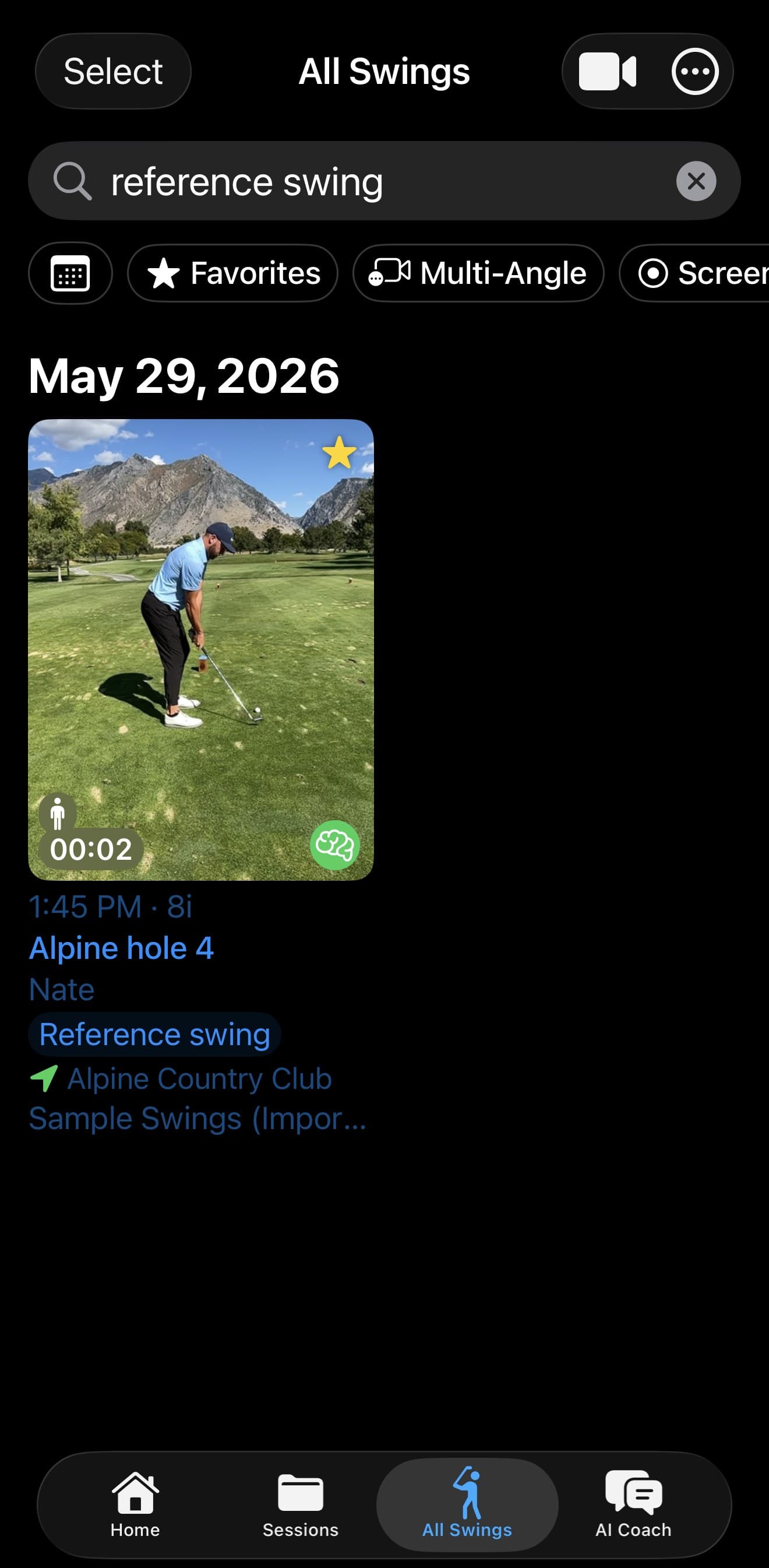 The MotionEdge All Swings screen on iPhone in dark mode, with "reference swing" typed into the search field and filter chips for date, Favorites, Multi-Angle and Screen recordings. One result is shown, a starred 8-iron swing named "Alpine hole 4" attributed to Nate, tagged Reference swing, at Alpine Country Club, in the Sample Swings session. A tab bar across the bottom shows Home, Sessions, All Swings and AI Coach, with All Swings selected