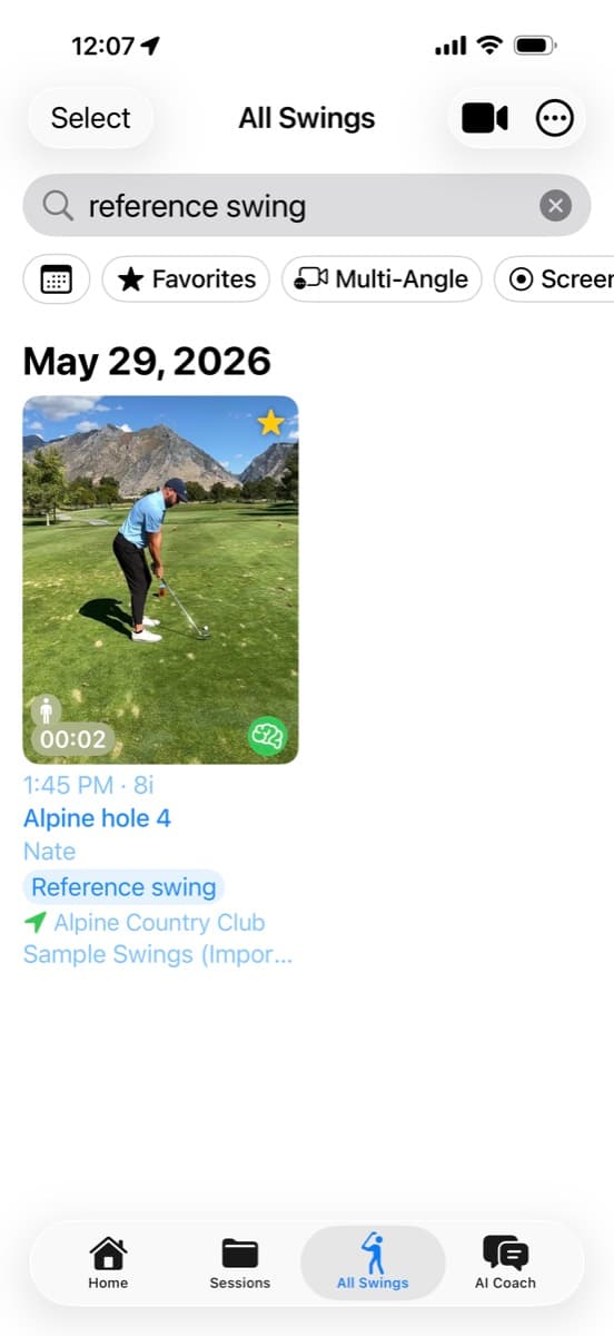The MotionEdge All Swings screen on iPhone with "reference swing" typed into the search field and filter chips for date, Favorites, Multi-Angle and Screen recordings. One result is shown, a starred 8-iron swing named "Alpine hole 4" attributed to Nate, tagged Reference swing, at Alpine Country Club