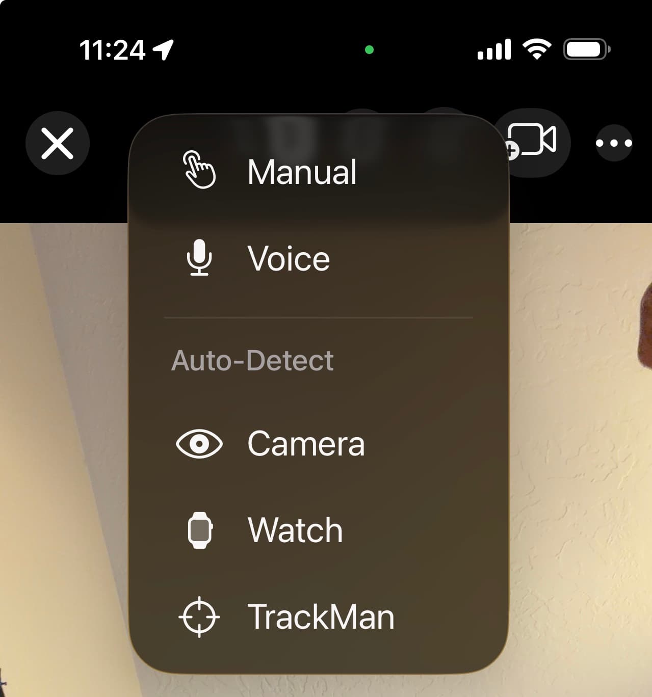 The MotionEdge capture-mode menu on iPhone: Manual and Voice at the top, then an Auto-Detect group containing Camera, Watch and TrackMan