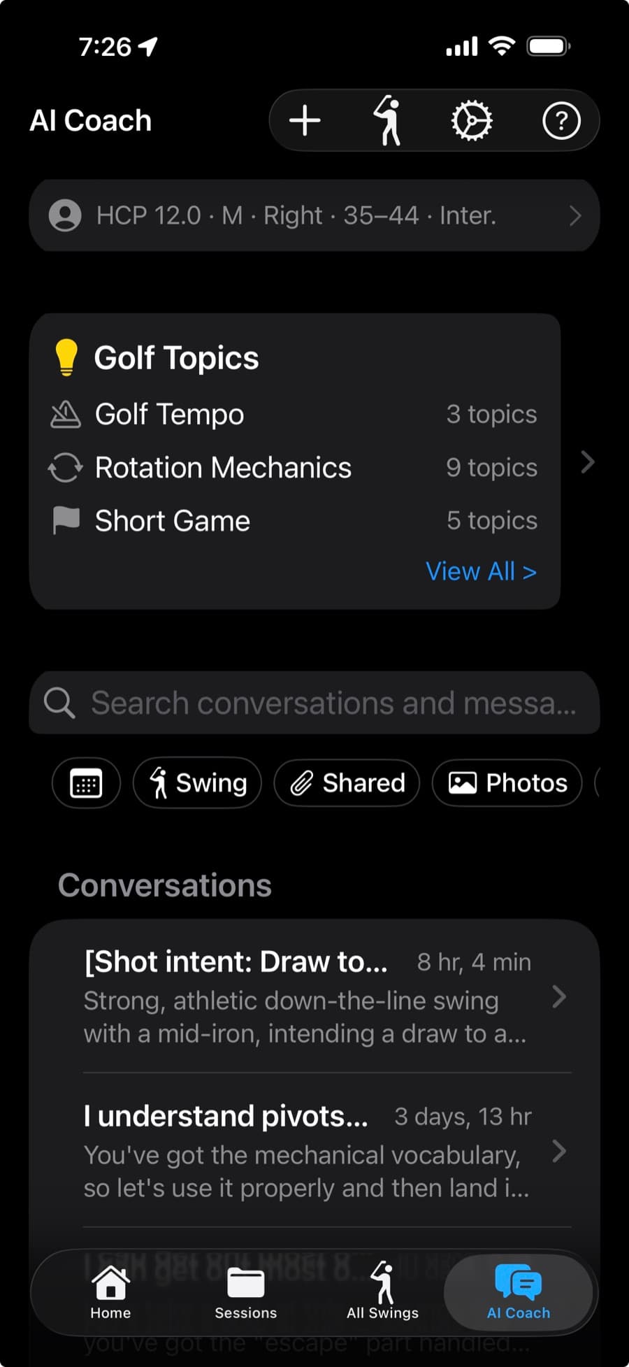 The MotionEdge AI Coach home screen in dark mode: a profile row reading HCP 12.0, male, right-handed, 35 to 44, intermediate; a Golf Topics card listing Golf Tempo, Rotation Mechanics and Short Game; a conversation search field with Swing, Shared and Photos filters; and a Conversations list whose entries include a shot-intent thread and a question about pivots