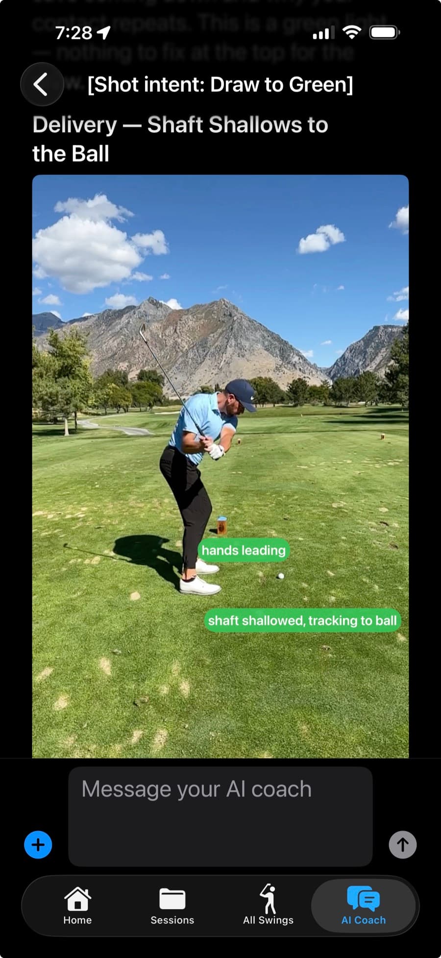 A frame of the golfer's own swing inside the AI Coach conversation, headed 'Delivery - Shaft Shallows to the Ball', with two green labels drawn onto the video: 'hands leading' at the hands and 'shaft shallowed, tracking to ball' along the club