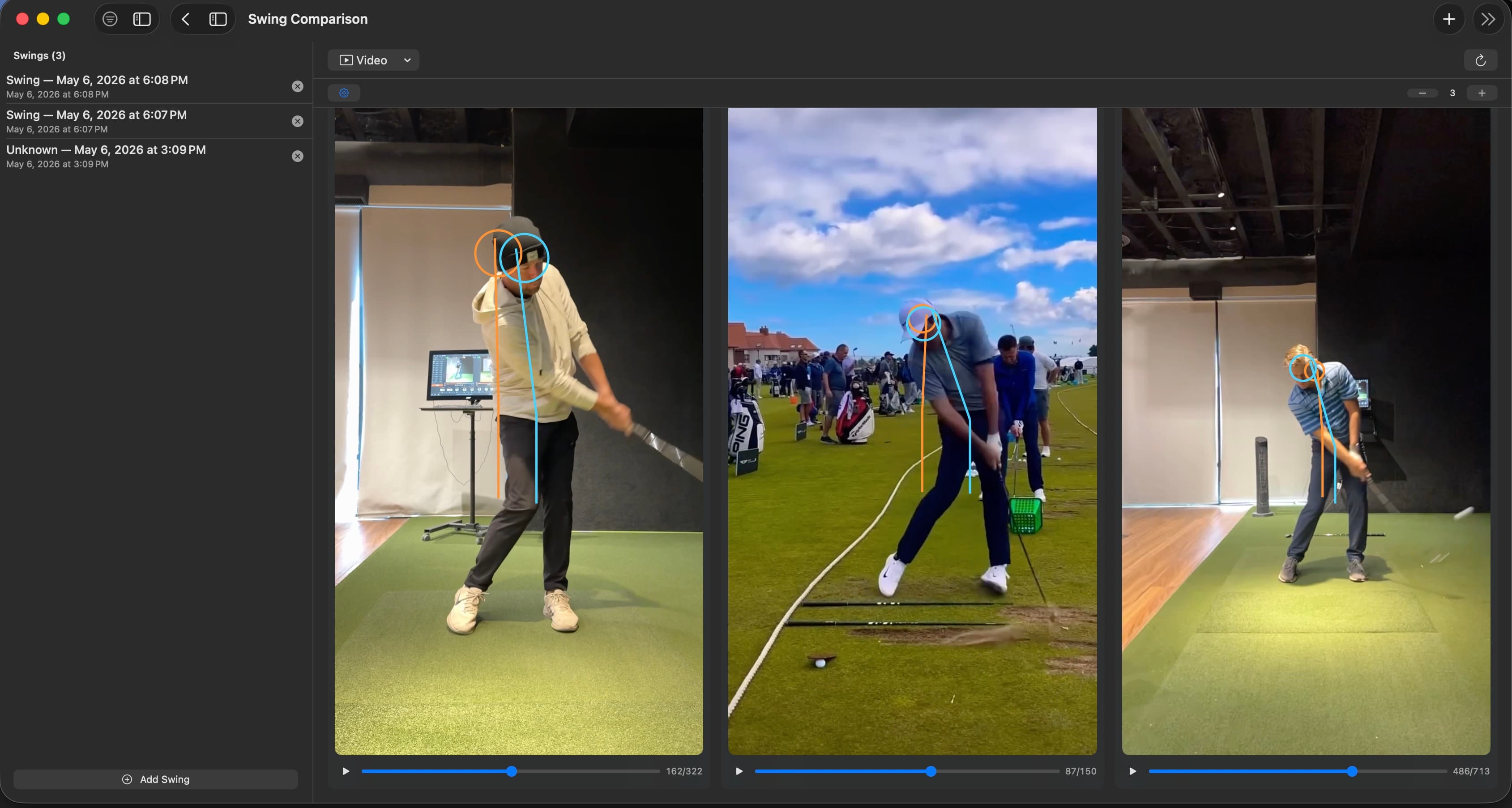MotionEdge Swing Comparison view on macOS showing three swings side by side — an indoor TrackMan studio swing, an outdoor range swing, and a second indoor practice swing — each with cyan posture overlay, independent scrubbers, and the swing list in the sidebar