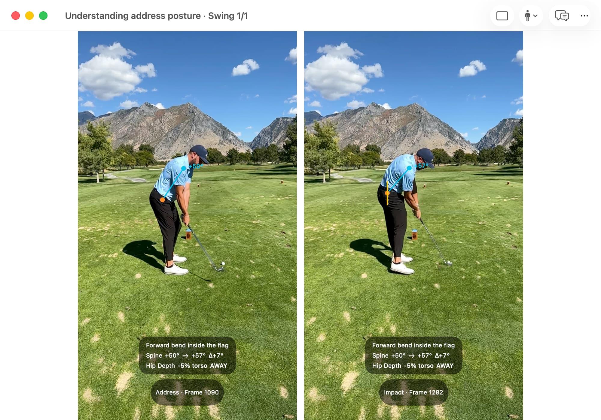 MotionEdge Posture Check shows a golfer at Address and Impact, with cyan spine lines and yellow hip references. His torso is tilted forward at setup and his body changes orientation through the strike.