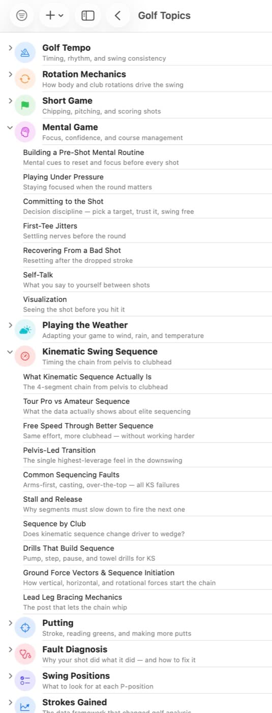 The MotionEdge Golf Topics library, showing categories including Golf Tempo, Rotation Mechanics, Short Game, Mental Game, Playing the Weather, Kinematic Swing Sequence, Putting, Fault Diagnosis, Swing Positions and Strokes Gained. Mental Game is expanded to show topics such as Building a Pre-Shot Mental Routine, Playing Under Pressure, First-Tee Jitters and Self-Talk; Kinematic Swing Sequence is expanded to show What Kinematic Sequence Actually Is, Pelvis-Led Transition, Common Sequencing Faults and Stall and Release