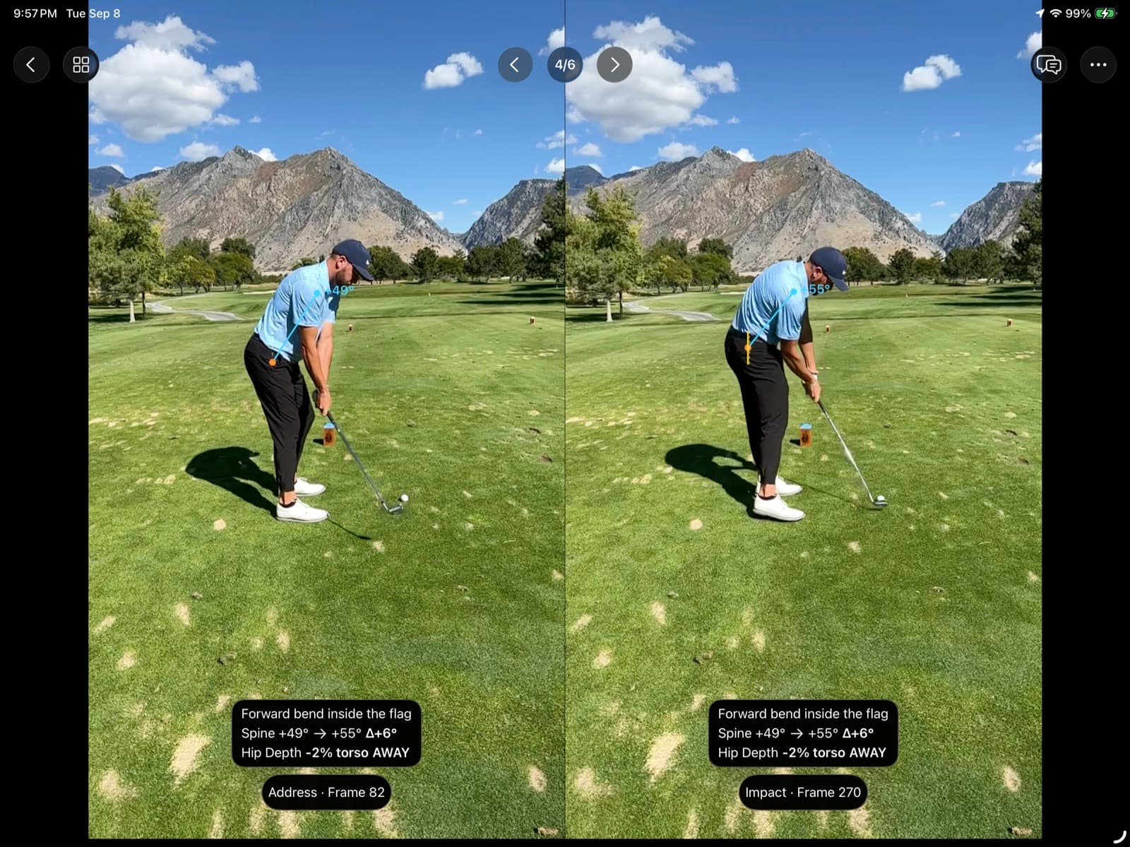 Posture grading on an iPad, comparing body positions across a swing.