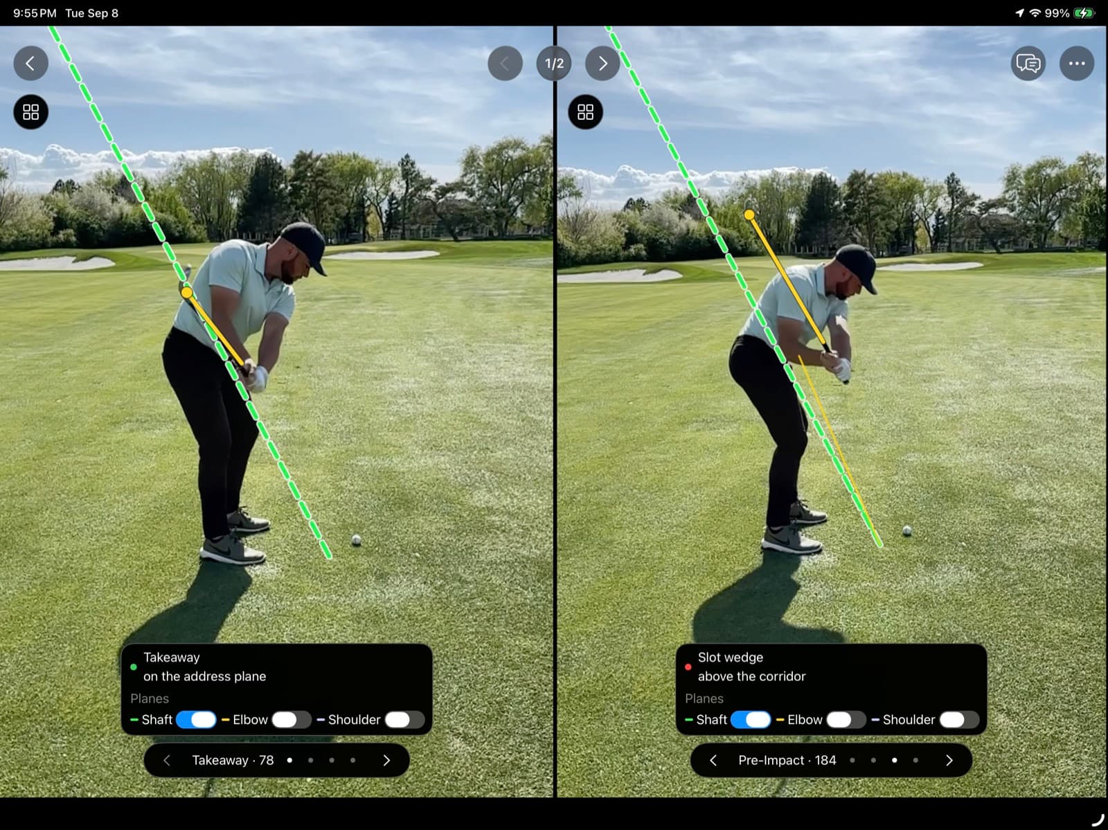 Shaft Check on iPad, two down-the-line panels side by side. Left, at Takeaway (frame 78), a dashed green shaft plane runs from above the golfer's head to the ball and the yellow shaft line sits on it; the label reads "Takeaway, on the address plane" with a green dot. Right, at Pre-Impact (frame 184), the shaft sits above the dashed plane; the label reads "Slot wedge, above the corridor" with a red dot. Both panels show Planes toggles for Shaft (on), Elbow and Shoulder