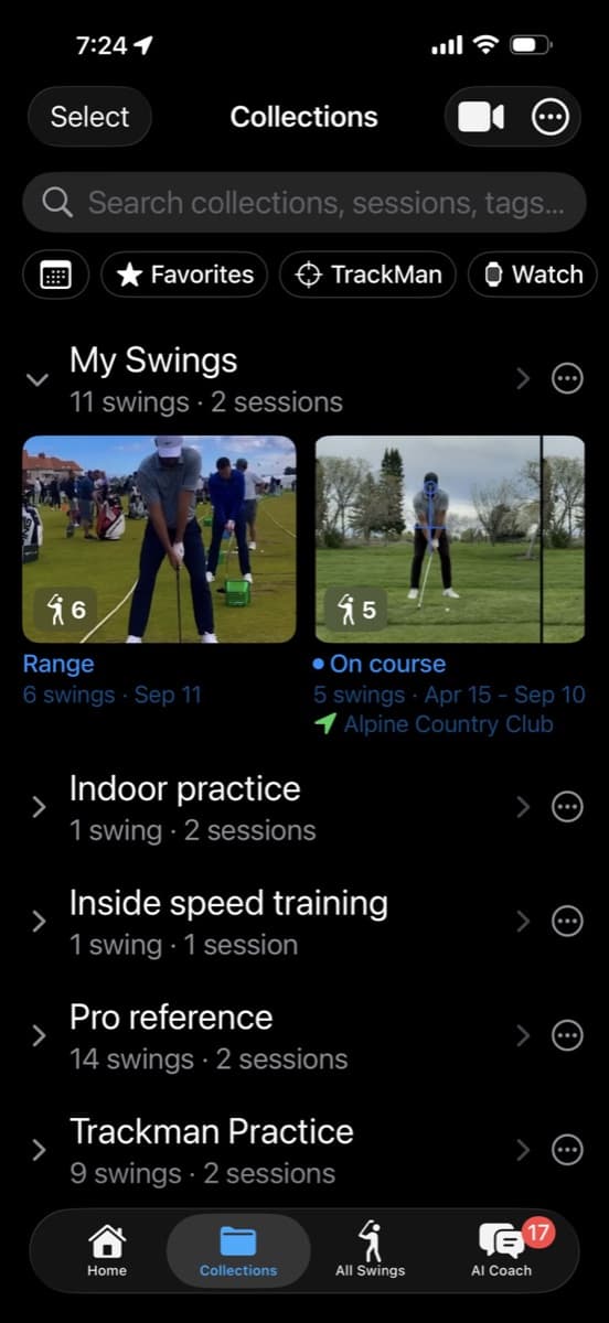 The MotionEdge Collections screen on iPhone in dark mode. My Swings is expanded, showing 11 swings in 2 sessions: Range, 6 swings on Sep 11, and On course, 5 swings from Apr 15 to Sep 10 at Alpine Country Club. Below it are collapsed collections named Indoor practice, Inside speed training, Pro reference and Trackman Practice, each with a swing and session count