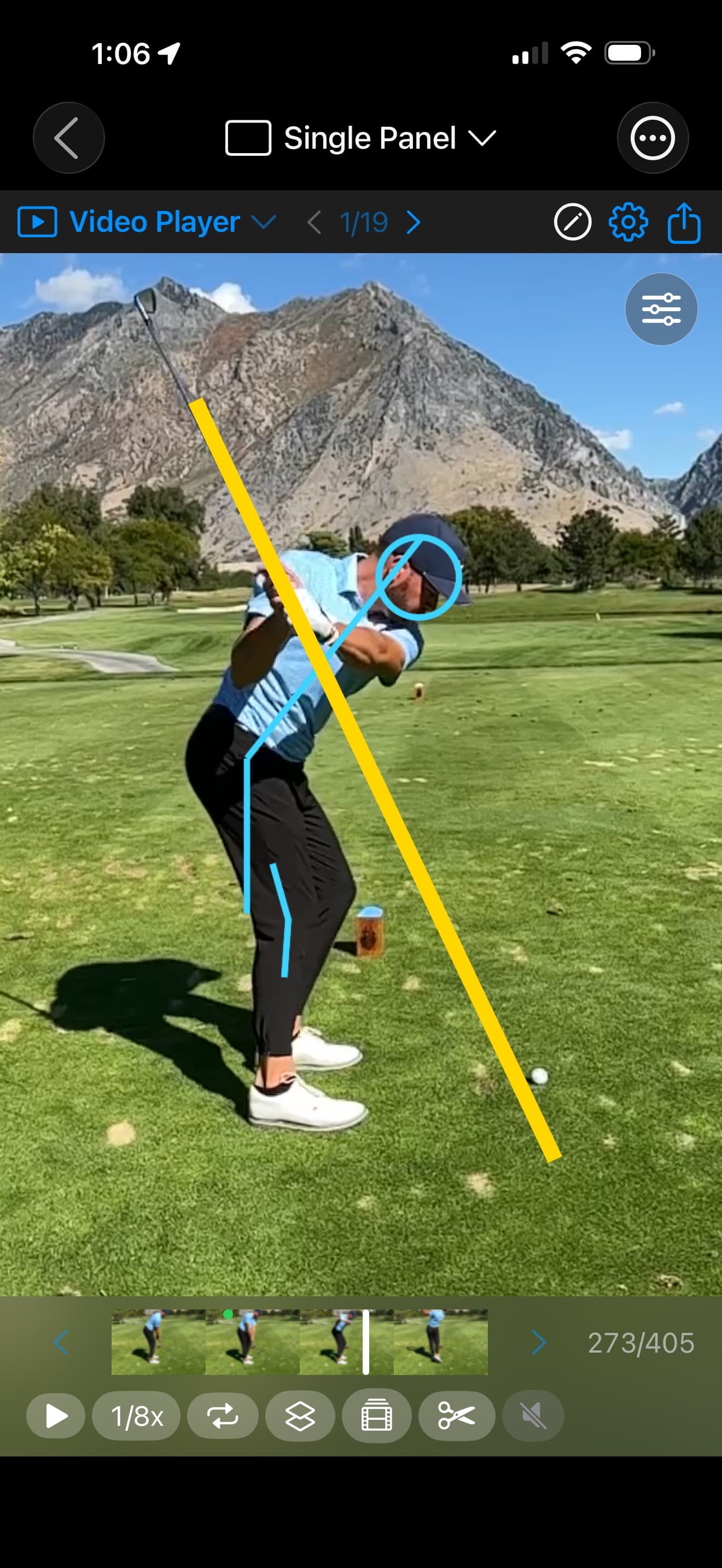 MotionEdge swing analysis showing pose tracking and swing plane overlay on a real golf swing