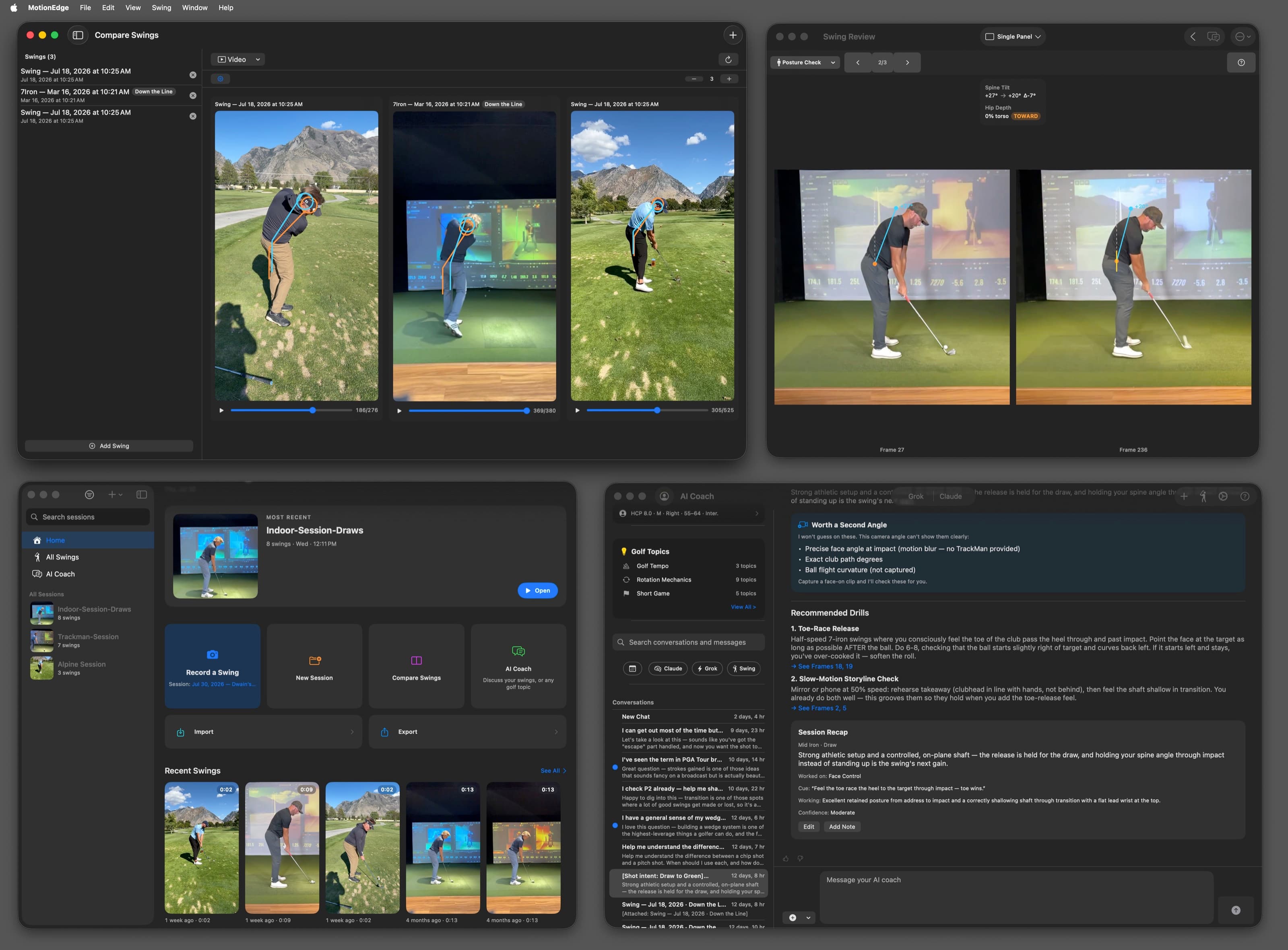 Four MotionEdge windows open at once on a Mac desktop, under a MotionEdge menu bar with File, Edit, View, Swing, Window and Help: a Compare Swings window with three swings side by side, each with its own scrubber and cyan pose overlay; a Swing Review window in Single Panel mode comparing two frames of an indoor swing with a Posture Check reading spine tilt +27 degrees to +20 degrees and hip depth 0% torso; the main window on Home with a Most Recent session card, quick actions for recording, comparing and coaching, and a row of recent swings; and an AI Coach conversation showing a 'Worth a Second Angle' note listing what this camera angle cannot measure, two recommended drills that link back to specific frames, and an editable session recap