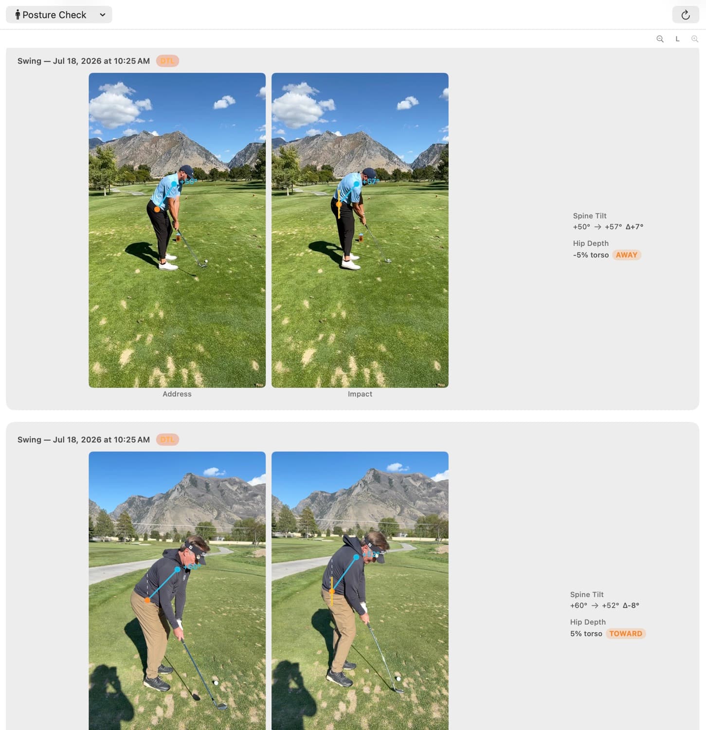MotionEdge Posture Check comparing two down-the-line swings, each shown at Address and Impact with the spine-tilt line drawn on the golfer. The first reads Spine Tilt +50° to +57°, a +7° delta, with Hip Depth −5% torso AWAY. The second reads Spine Tilt +60° to +52°, an −8° delta, with Hip Depth 5% torso TOWARD