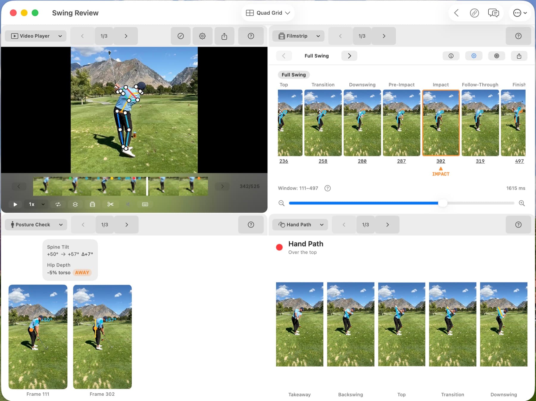 MotionEdge Swing Review on Mac in Quad Grid layout: the video player with the pose skeleton drawn on the golfer at the top of the backswing, the filmstrip showing Top through Finish with frame numbers and Impact highlighted at frame 302, a Posture Check panel reading Spine Tilt +50° to +57° with a +7° delta and Hip Depth −5% torso away, and a Hand Path panel graded "Over the top" across the takeaway-to-downswing frames