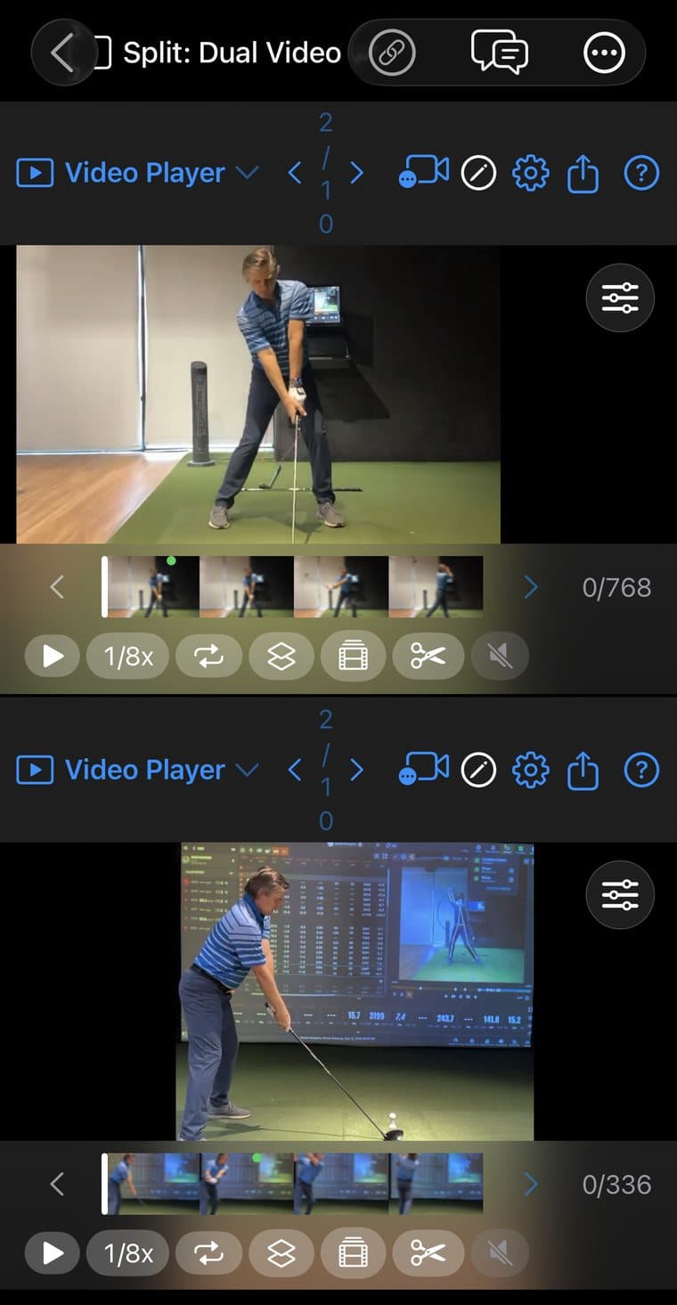 MotionEdge Swing Review in Split: Dual Video on iPhone with two Video Player panels stacked, each playing a different camera angle of the same swing, each with its own filmstrip scrubber and playback controls