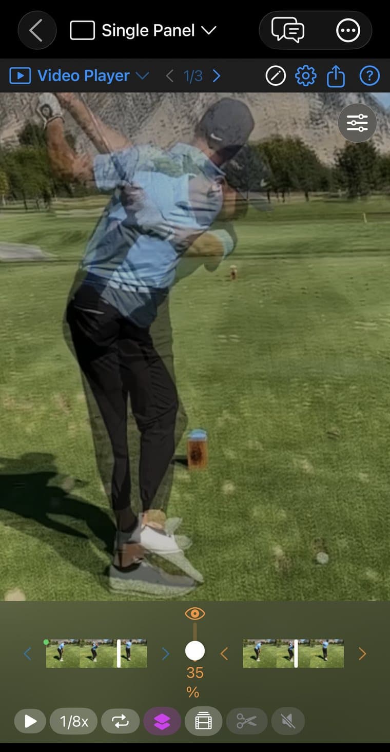 The Video Player panel in MotionEdge Swing Review with Ghost overlay switched on: two moments of the same swing blended over each other at 35 percent, with a second scrubber for positioning the ghost frame