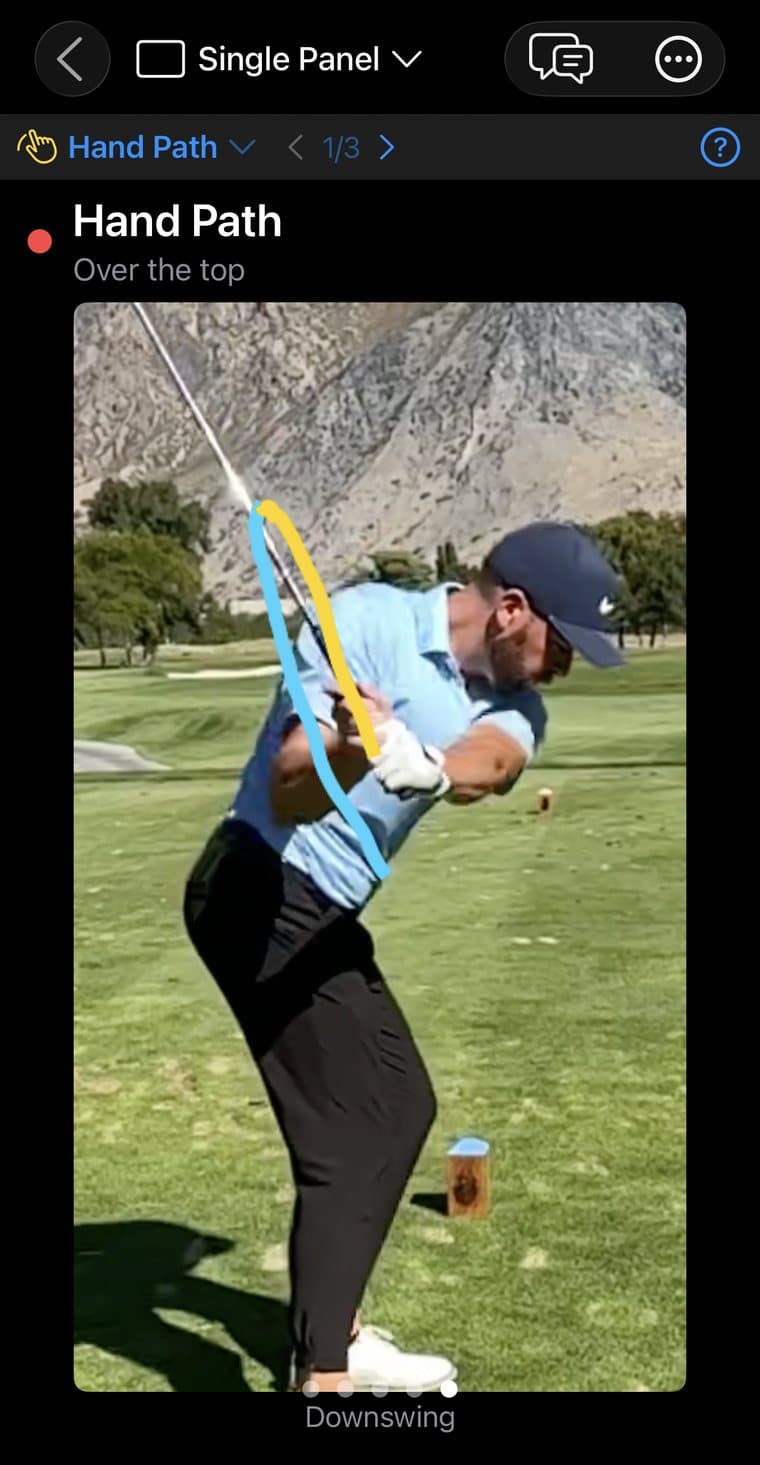The Hand Path panel in MotionEdge Swing Review, graded red and labelled Over the top, with the golfer's actual hand path traced in yellow against the reference path in blue at the Downswing position