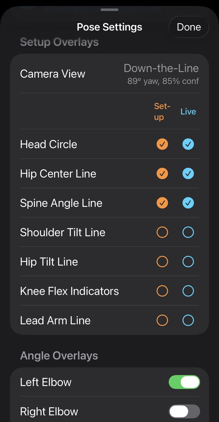 The Pose Settings sheet in MotionEdge Swing Review. Camera View reads Down-the-Line at 89 degrees yaw with 85 percent confidence. Below it, Setup Overlays lists Head Circle, Hip Center Line, Spine Angle Line, Shoulder Tilt Line, Hip Tilt Line, Knee Flex Indicators and Lead Arm Line, each with two independent toggles — an orange Setup column and a blue Live column — with the first three switched on in both. An Angle Overlays section beneath lists per-joint switches starting with Left Elbow, Right Elbow and Left Knee