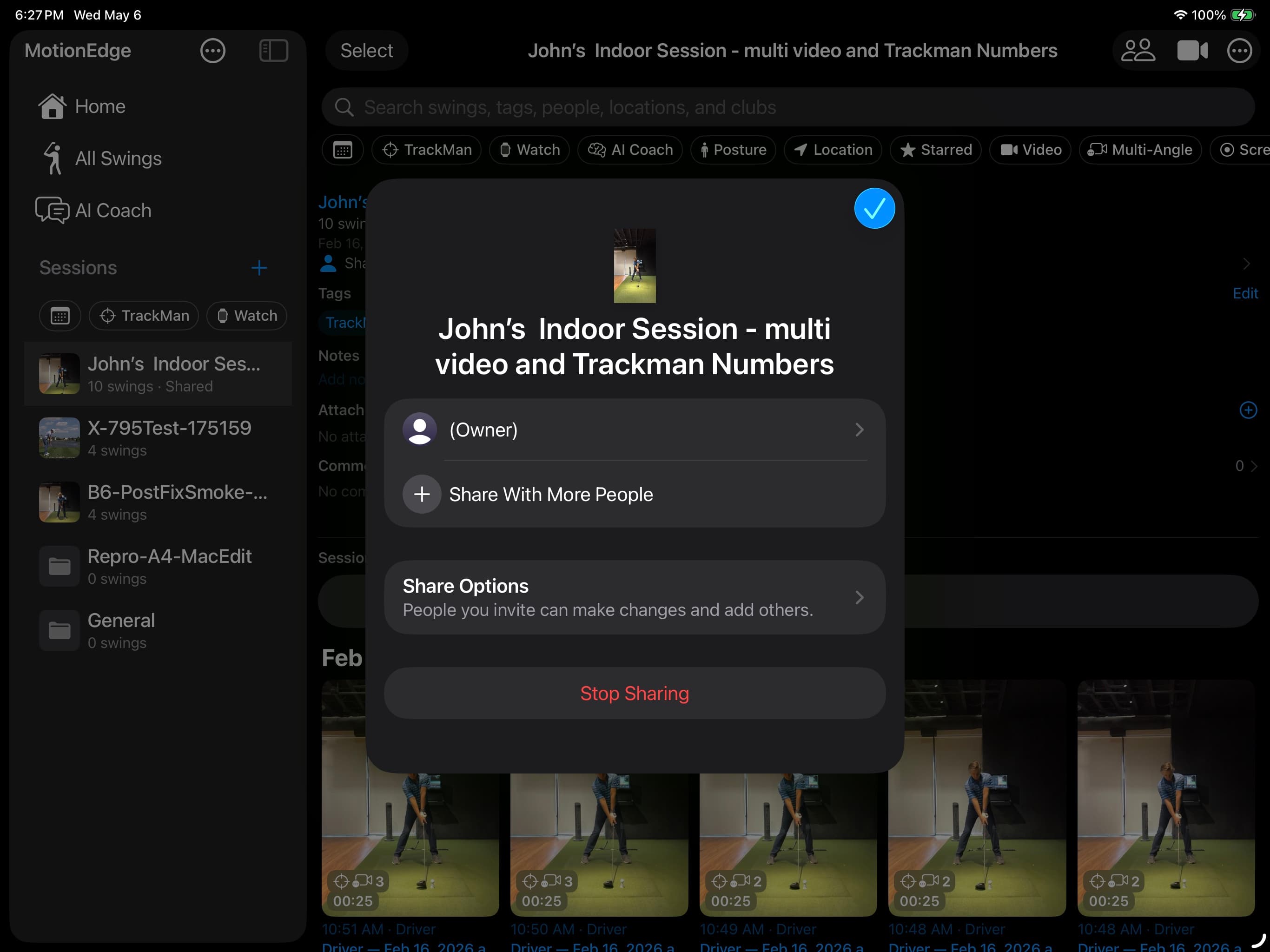 MotionEdge iCloud share sheet on iPad showing a session named John's Indoor Session being shared, with Owner indicator, Share With More People button, Share Options noting 'People you invite can make changes and add others,' and a Stop Sharing action — the same standard iCloud share UI used for Notes and Reminders