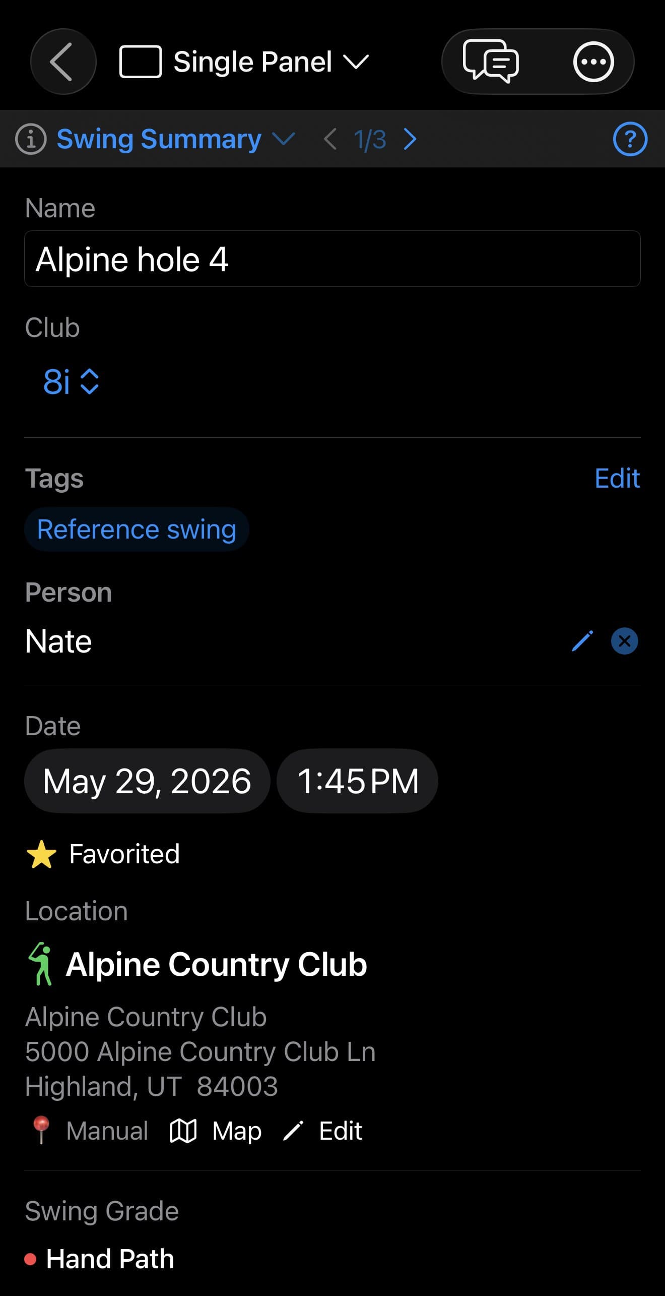 The MotionEdge Swing Summary panel on iPhone in dark mode, showing a swing named "Alpine hole 4" hit with an 8-iron, tagged "Reference swing", attributed to a person called Nate, dated May 29 2026 at 1:45 PM, marked Favorited, located at Alpine Country Club in Highland UT, and carrying a Hand Path swing grade
