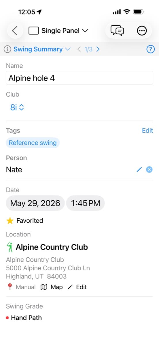 The MotionEdge Swing Summary panel on iPhone showing a swing named "Alpine hole 4" hit with an 8-iron, tagged "Reference swing", attributed to a person called Nate, dated May 29 2026 at 1:45 PM, marked Favorited, located at Alpine Country Club in Highland UT, and carrying a Hand Path swing grade