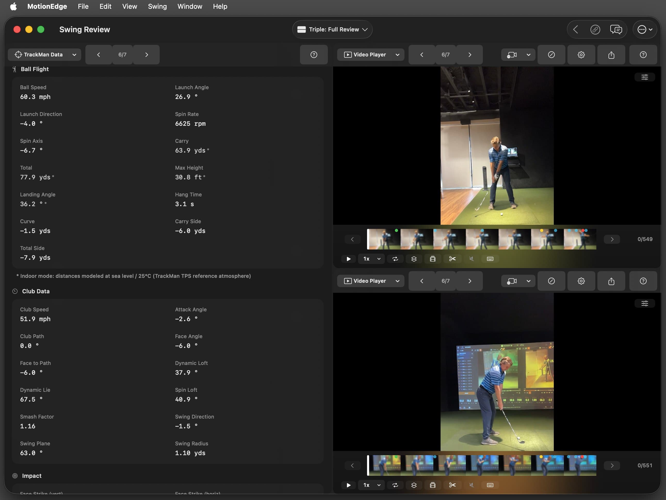 MotionEdge Swing Review on Mac in dark mode, in a Triple Full Review layout. A TrackMan Data panel on the left shows ball flight for an indoor shot — 60.3 mph ball speed, 26.9° launch angle, 6625 rpm spin, 63.9 yards carry, 77.9 yards total — with a footnote reading "Indoor mode: distances modeled at sea level / 25°C (TrackMan TPS reference atmosphere)", followed by club data (51.9 mph club speed, −2.6° attack angle, 0.0° club path, −6.0° face angle, 1.16 smash factor) and an Impact block. Two video players on the right show the same swing from two camera angles, each with its own filmstrip scrubber and playback controls