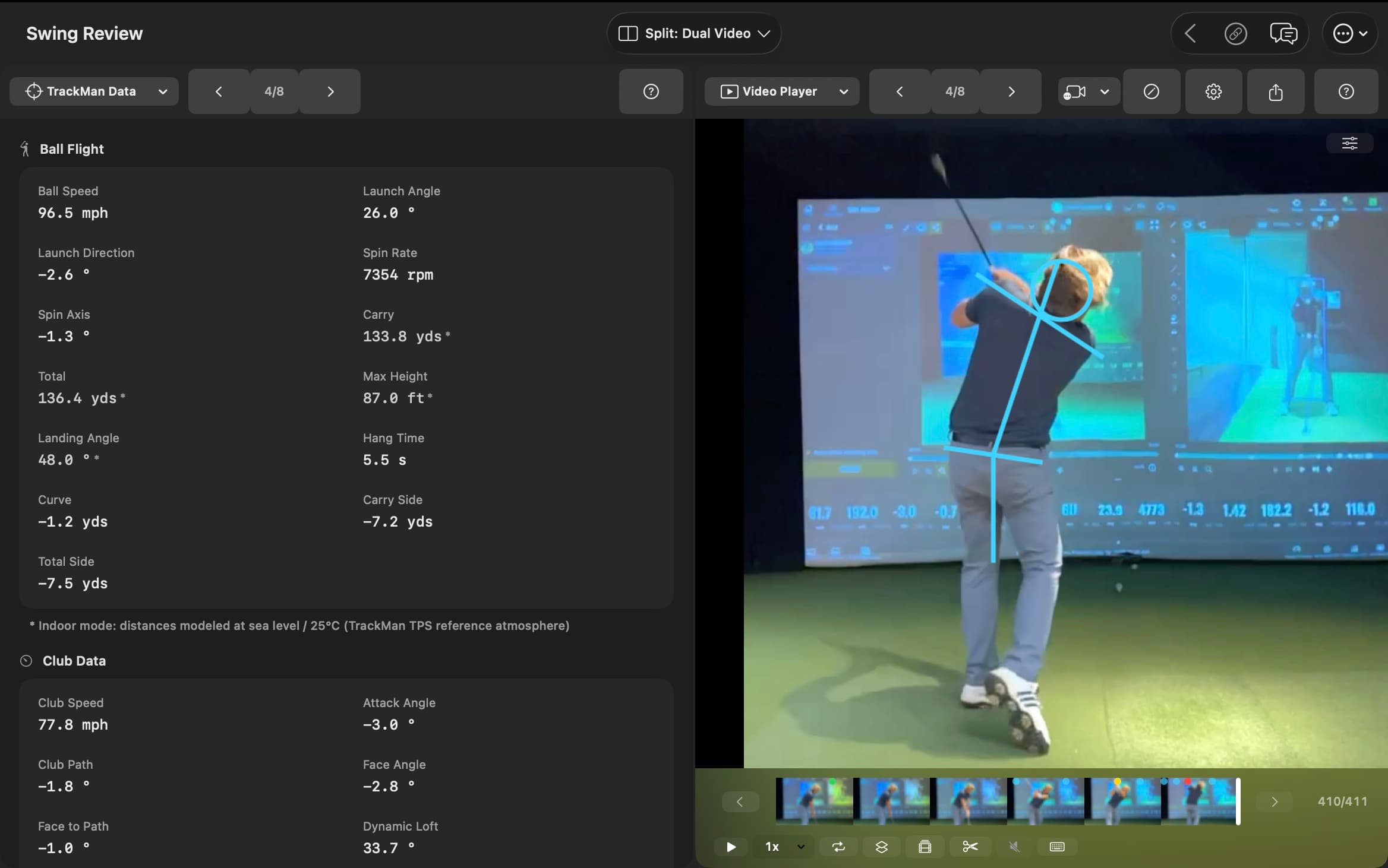 MotionEdge Swing Review on Mac in Split: Dual Video mode. A TrackMan Data panel lists Ball Flight figures — ball speed 96.5 mph, launch angle 26.0°, spin rate 7354 rpm, carry 133.8 yds, max height 87.0 ft, hang time 5.5 s — above a note that indoor distances are modeled at the TrackMan reference atmosphere, then Club Data with club speed 77.8 mph, attack angle −3.0°, club path −1.8° and face angle −2.8°. Beside it a video of the swing in a simulator bay carries the cyan pose overlay, with a filmstrip scrubber underneath