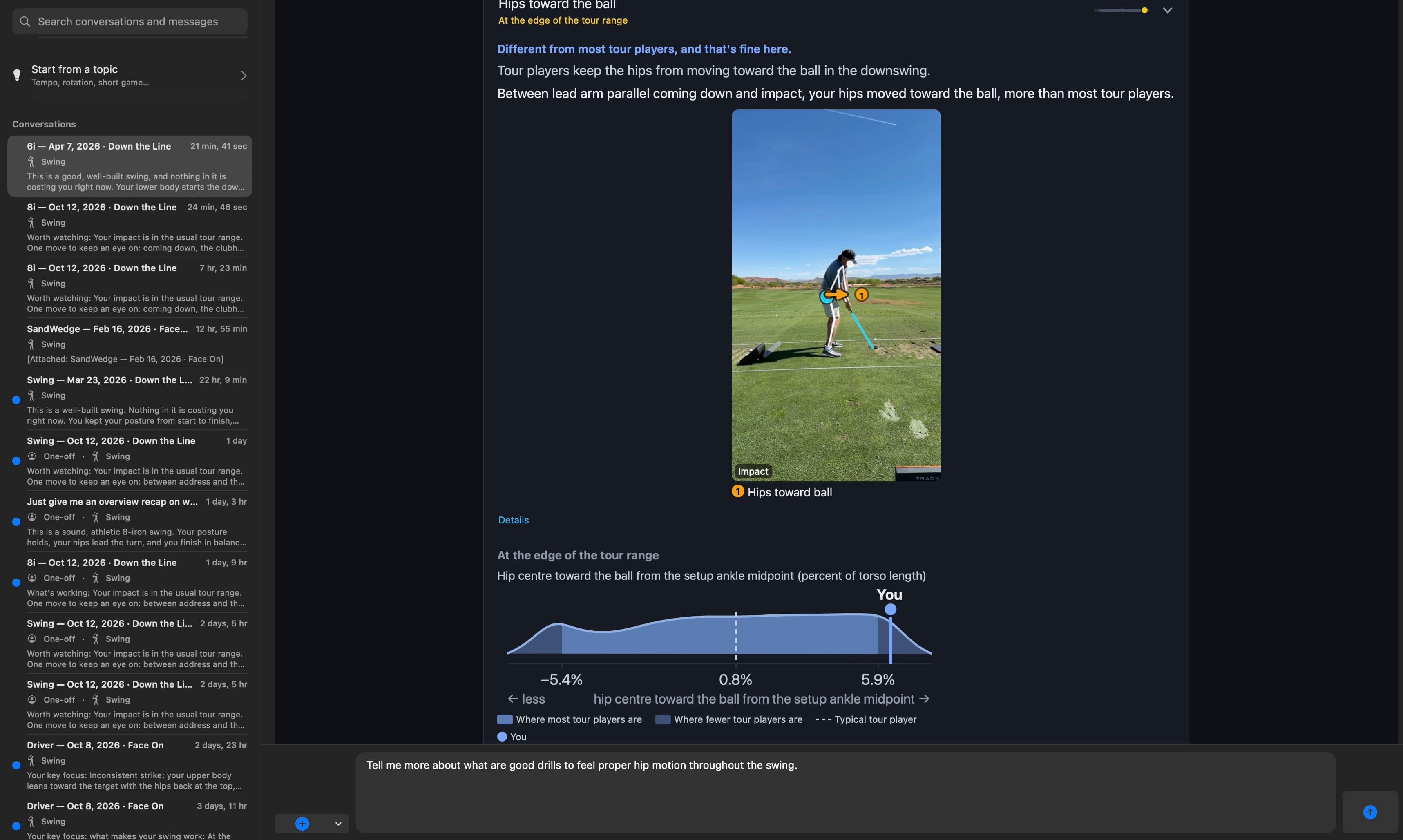 AI Coach review linking a hip-movement observation to an annotated impact frame and a Pro norms chart