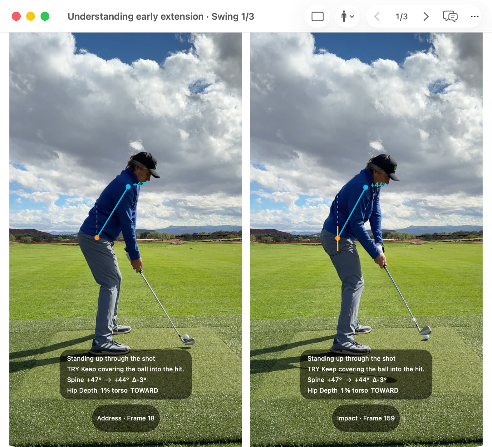 MotionEdge Mac Posture Check: Address beside Impact. The hip marker stays close to its address reference. The cyan spine line remains tilted forward at Impact.