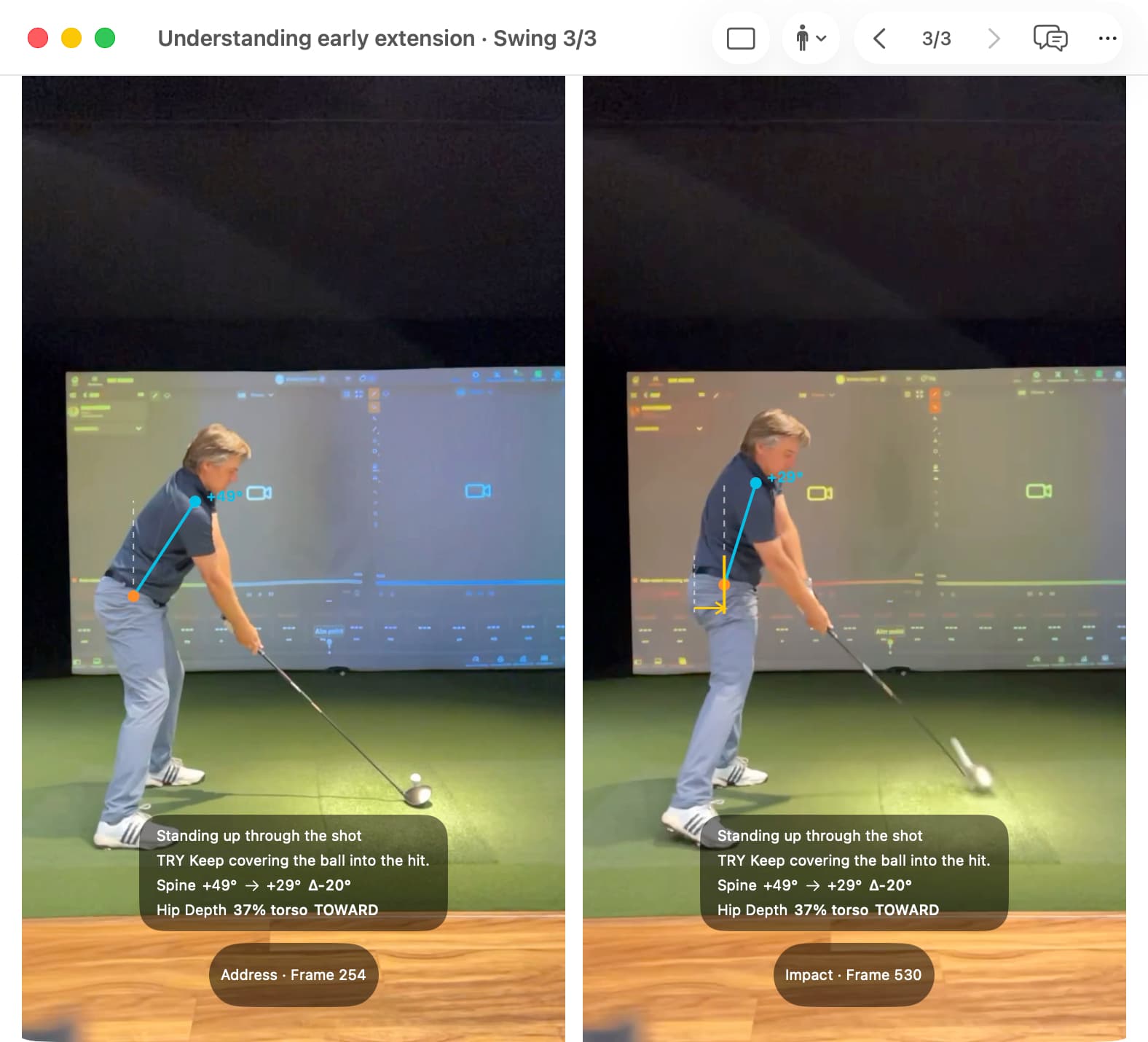 MotionEdge Mac Posture Check: Address beside Impact. The yellow hip arrow points toward the ball, and the cyan spine line becomes more upright.