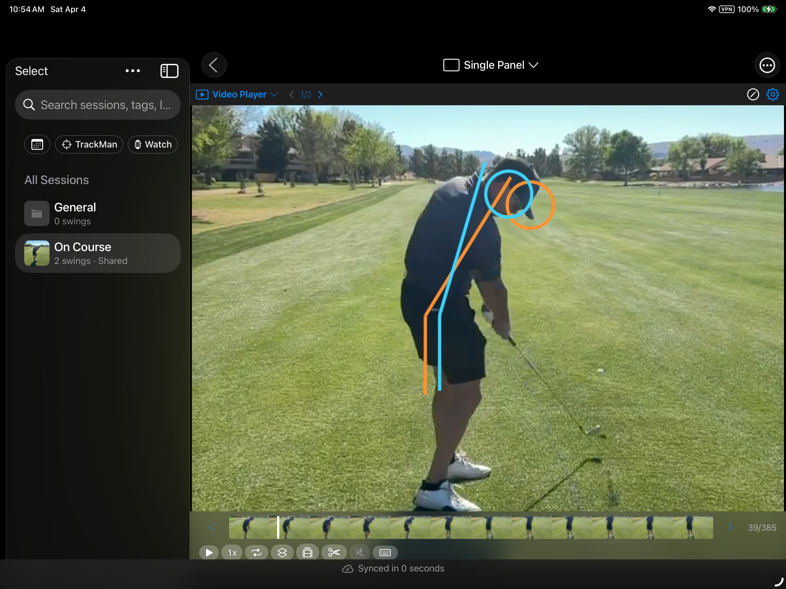 MotionEdge review on iPad comparing setup reference guides with the golfer’s current head, spine, and hip positions