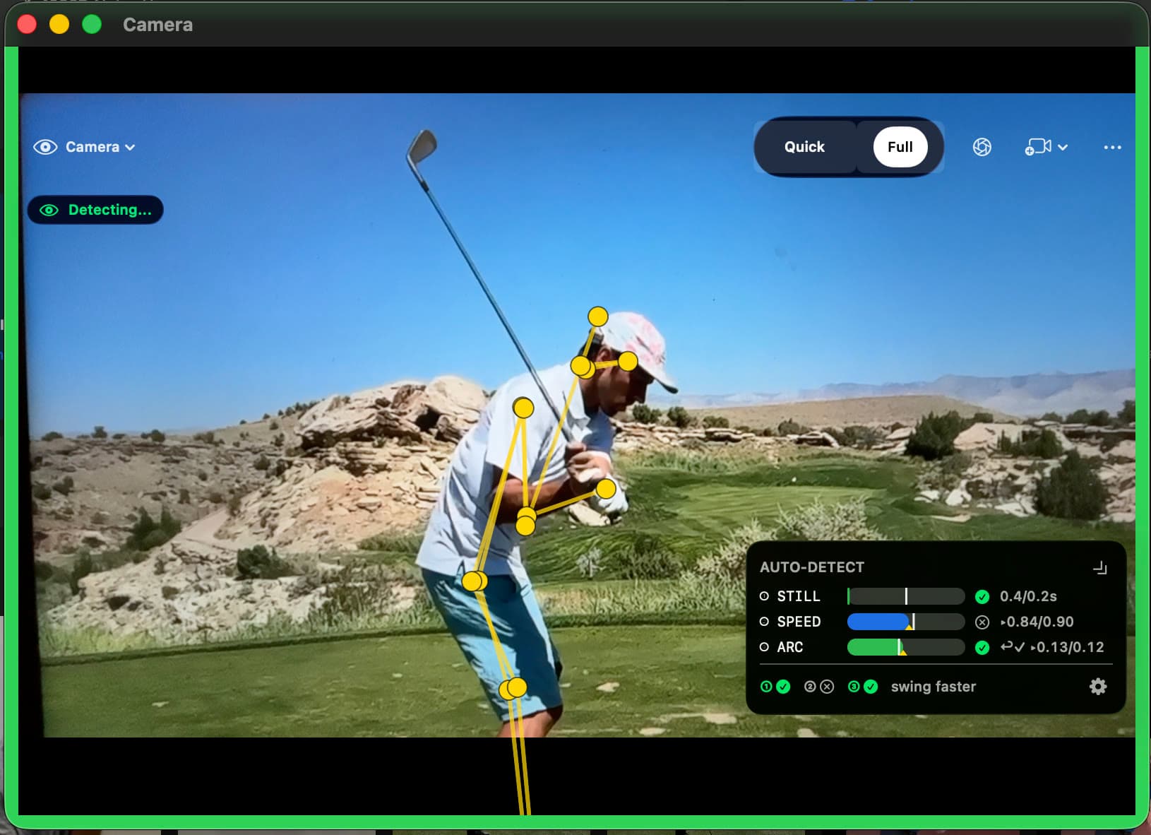 The MotionEdge Camera window on Mac showing a golfer at the top of the backswing on a desert course, with a yellow pose overlay, a Detecting badge, and an Auto-Detect panel reading Still, Speed and Arc