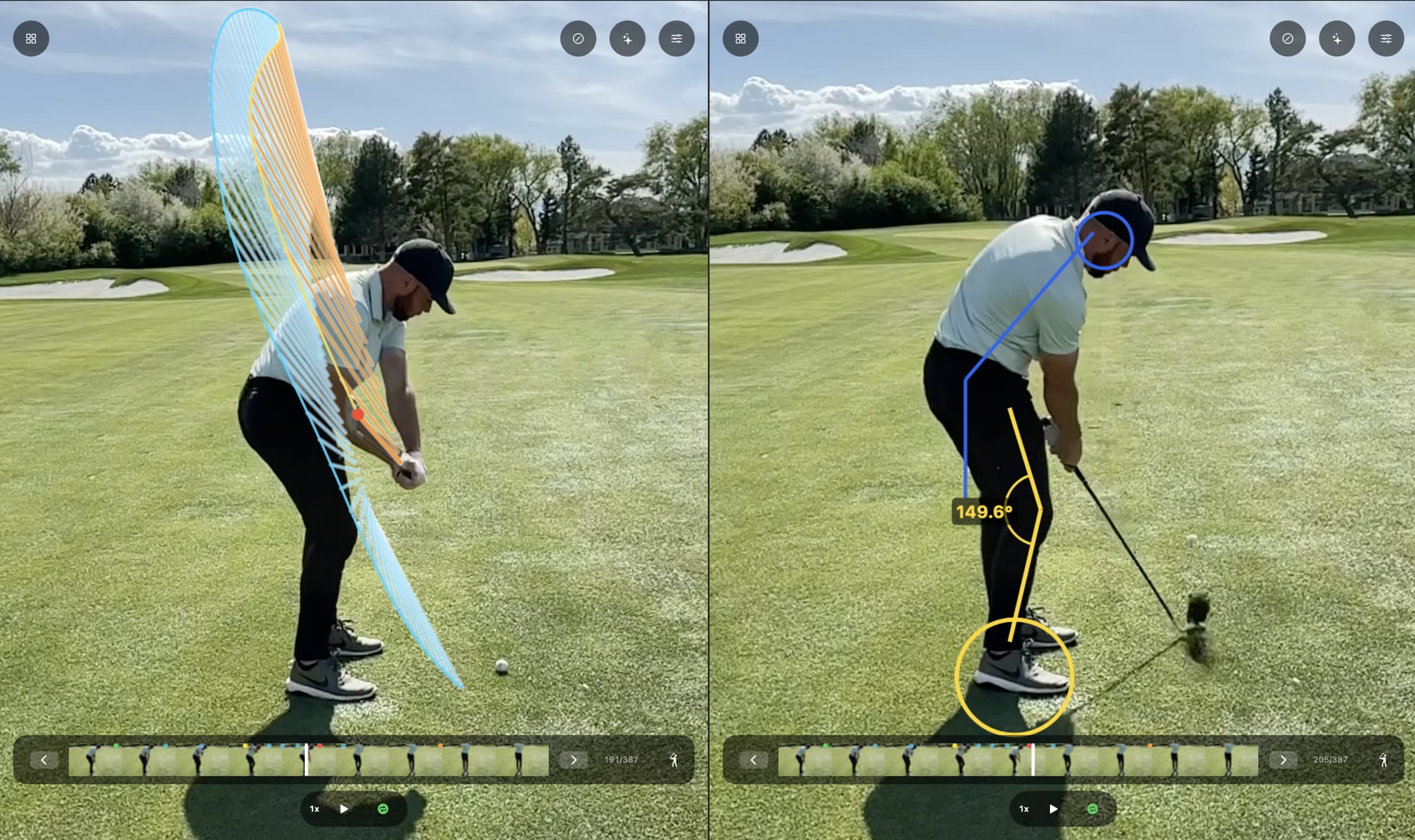 MotionEdge on Mac with two swings side by side. On the left a down-the-line swing carries the cyan and gold Shaft Check fan through the backswing; on the right the same golfer later in the swing shows a blue posture line and a yellow knee angle of 149.6 degrees, each above its own filmstrip scrubber