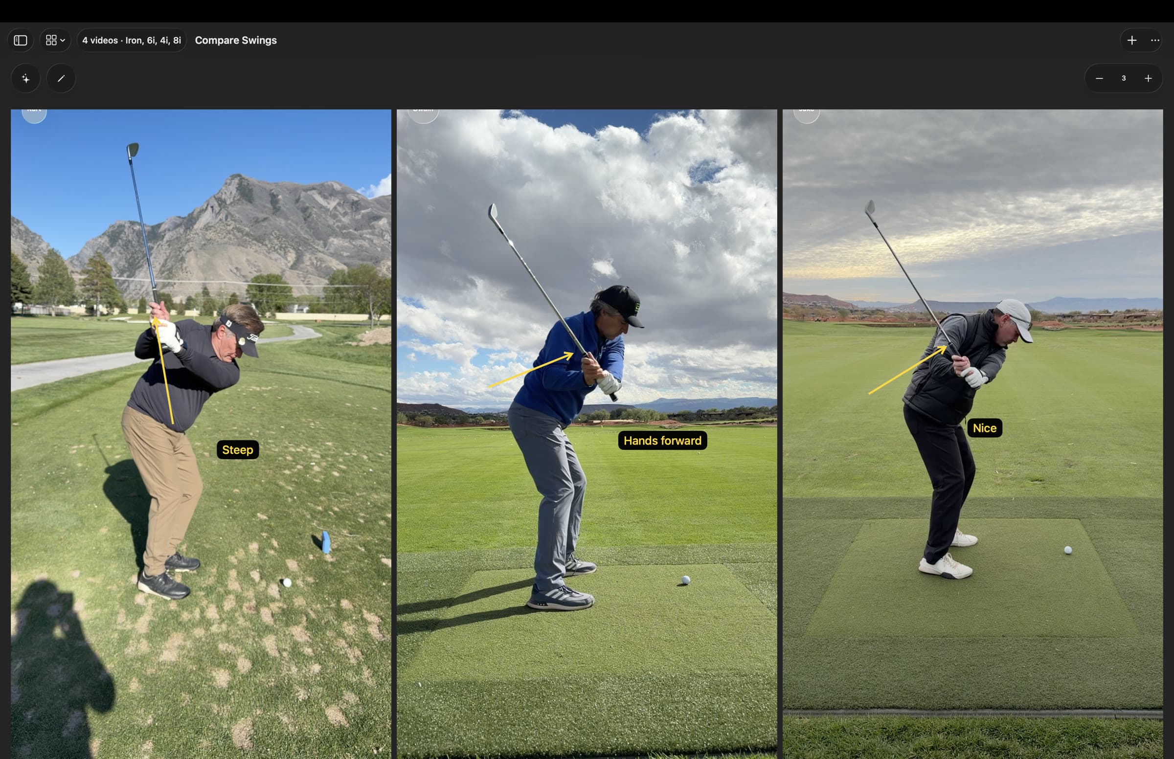 MotionEdge Compare Swings on Mac showing three golfers near the top of the backswing, each with a drawn shaft line and a label: Steep, Hands forward, and Nice