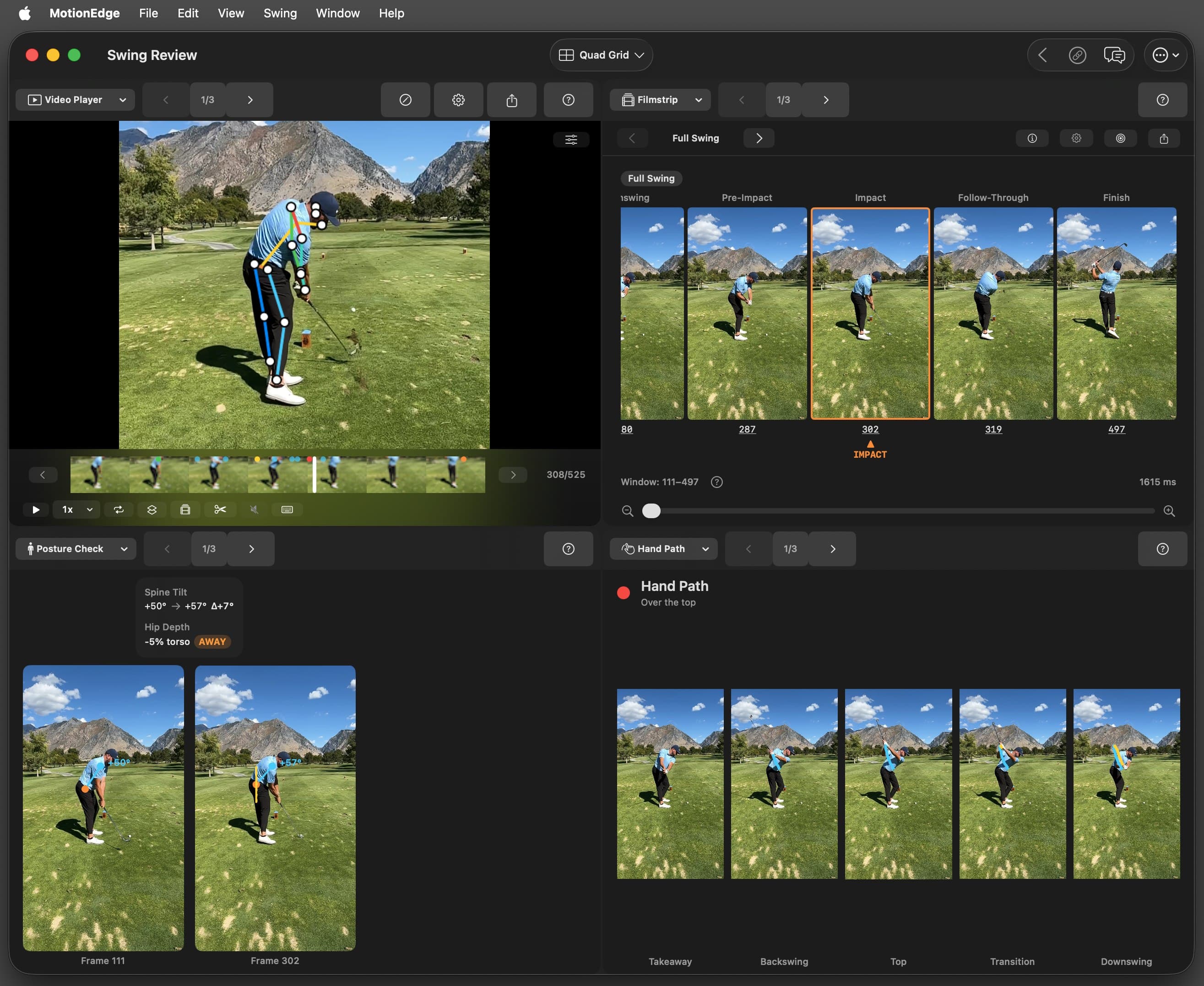 MotionEdge Swing Review on Mac in Quad Grid. Top left, the swing video with a pose overlay and a scrubber; top right, the Filmstrip from pre-impact to finish with impact highlighted; bottom left, Posture Check comparing two frames with spine tilt and hip depth; bottom right, Hand Path graded over the top across five positions
