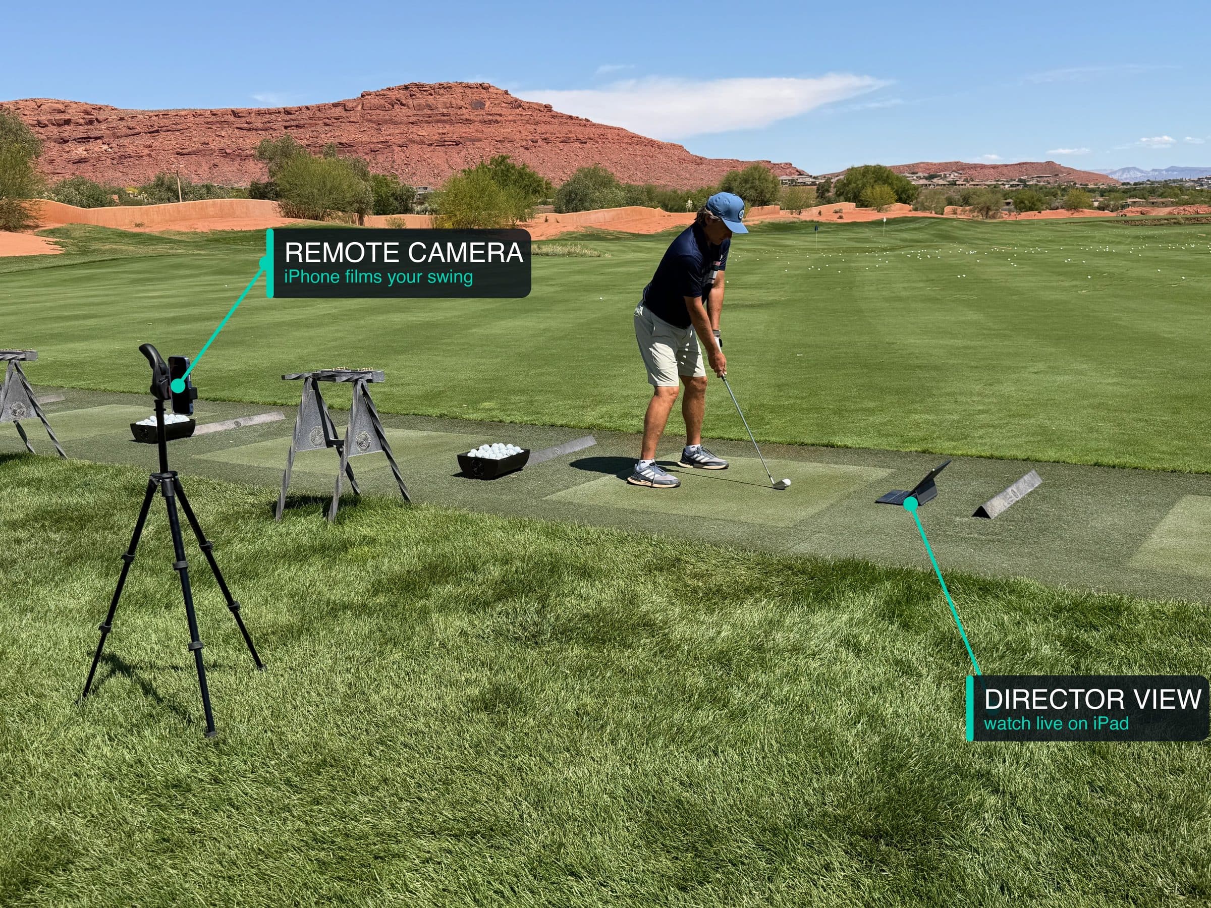 A driving range setup with an iPhone on a tripod as a remote camera and an iPad showing the live director view