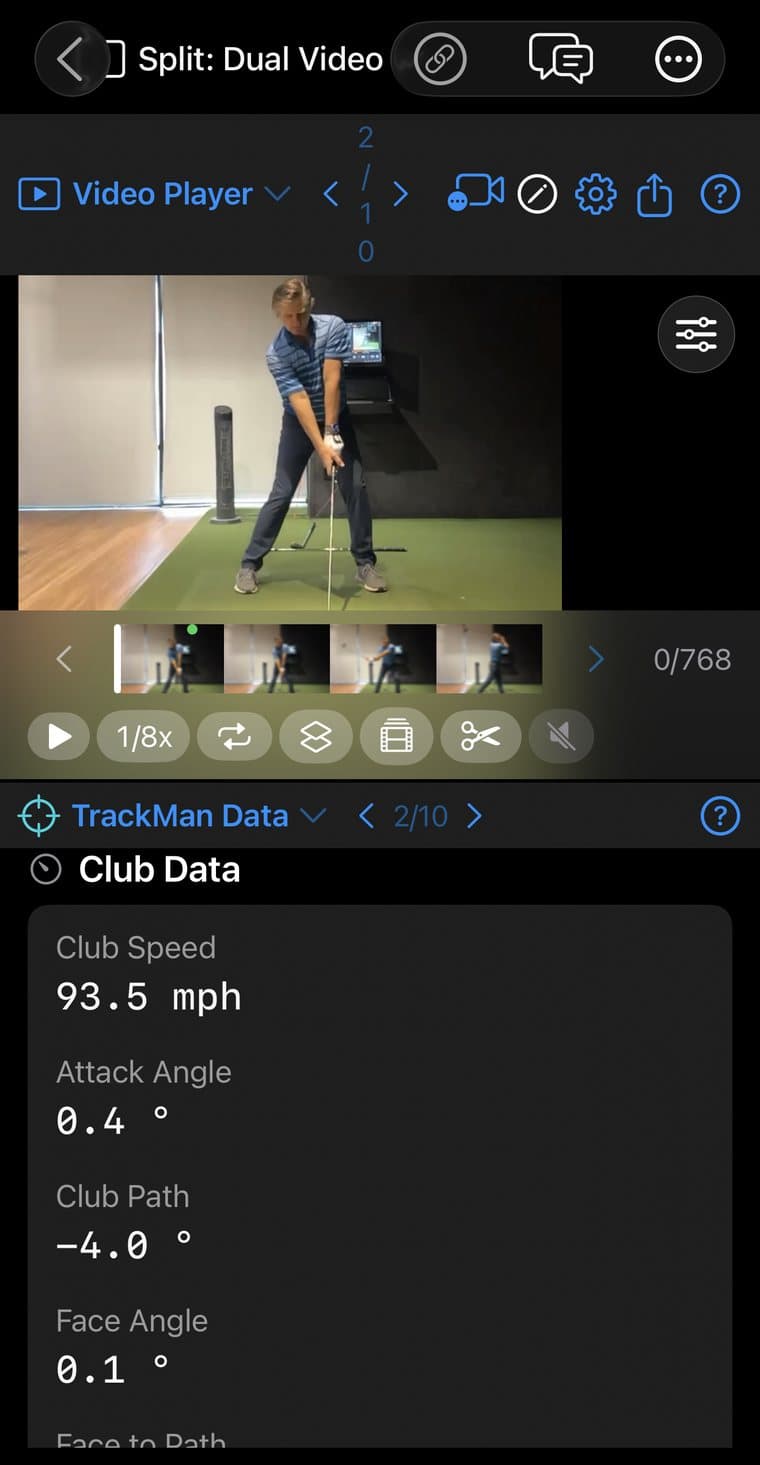 Swing Review on iPhone in a split view: a face-on video of a golfer at address above a TrackMan Data panel reading club speed 93.5 mph, attack angle 0.4°, club path −4.0° and face angle 0.1°