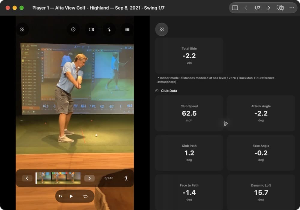MotionEdge on Mac: a September 2021 studio 7-iron, club speed 62.5 mph, beside attack angle −2.2°, club path +1.2°, face angle −0.2°, face to path −1.4°, and dynamic loft 15.7°.