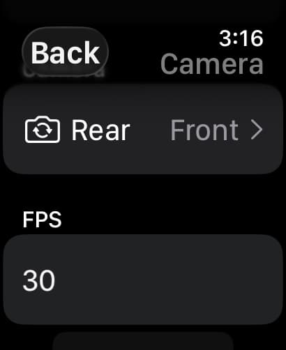 The MotionEdge Apple Watch camera screen, showing a Rear and Front lens selector and an FPS setting of 30