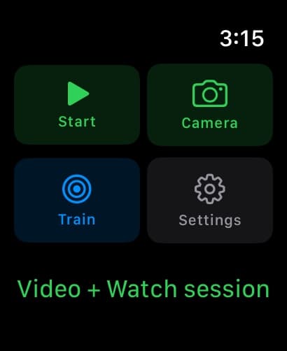 The MotionEdge Apple Watch home screen with four tiles — Start, Camera, Train and Settings — above the label "Video + Watch session"