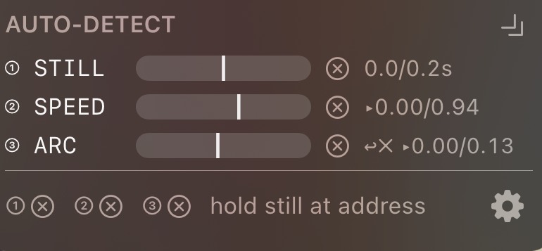 The AUTO-DETECT panel on the camera screen — three rows (Stillness, Speed, Arc) each with a live bar and threshold tick, a combined verdict line with a plain-language hint, and a settings gear