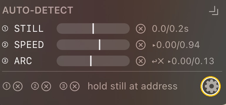 The AUTO-DETECT tuning panel on the camera screen — three gate rows (Stillness, Speed, Arc), each with a live fill bar, a peak marker, and a threshold tick, plus a settings gear in the lower-right that opens the Sensitivity slider