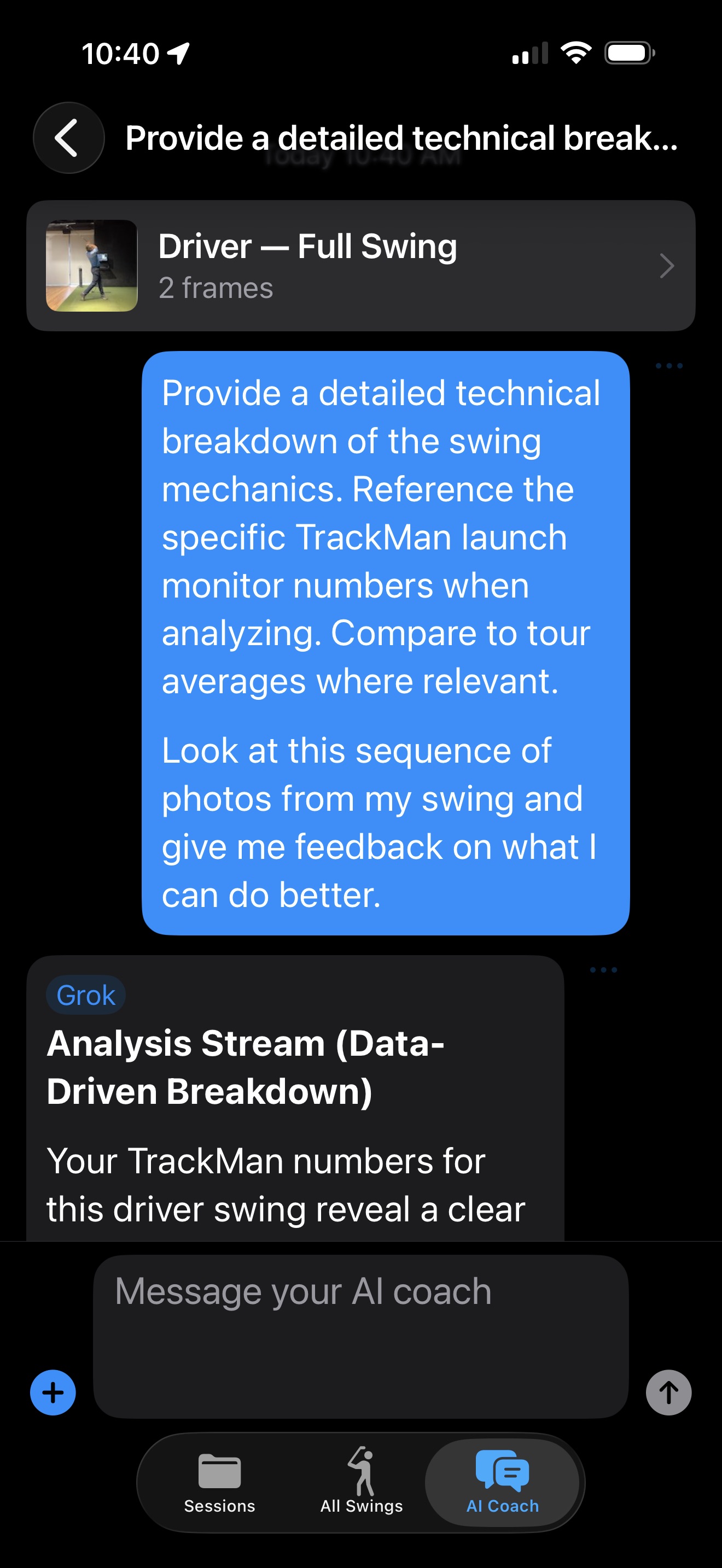 An AI Coach conversation with swing analysis
