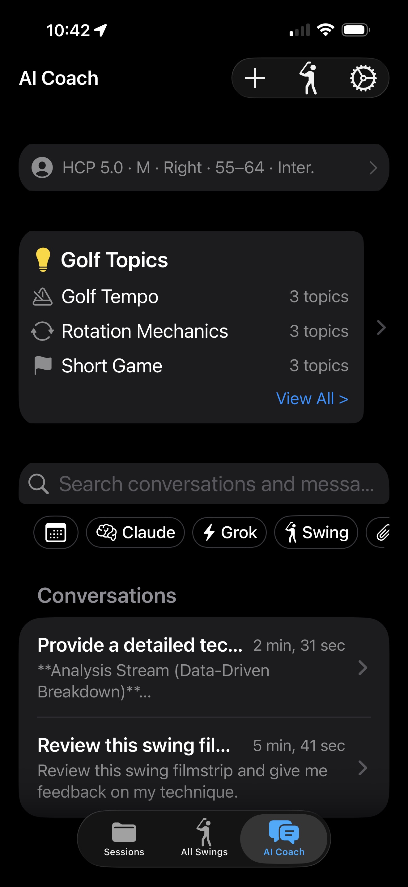 The AI Coach tab showing golfer profile, Golf Topics, and conversation history