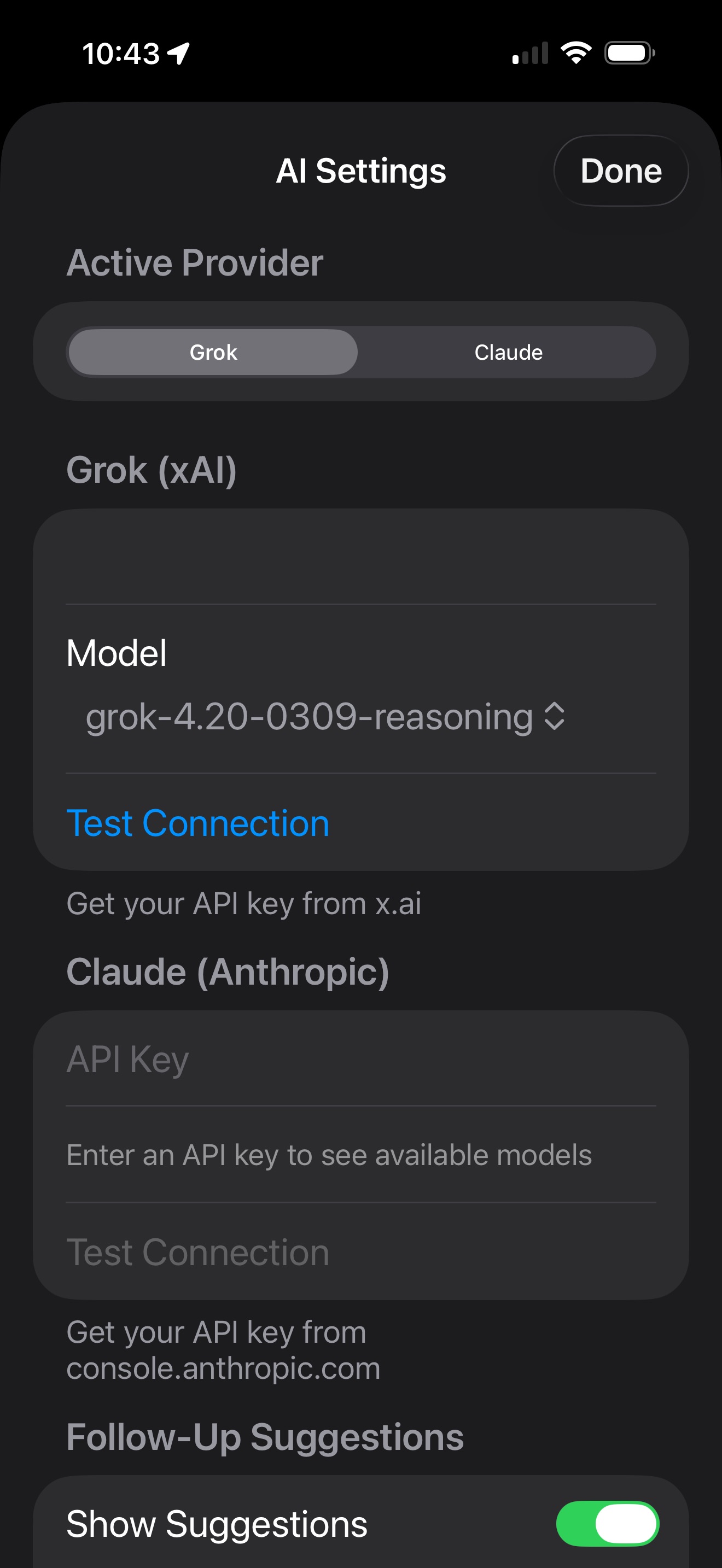 AI Settings showing provider selection and API key entry