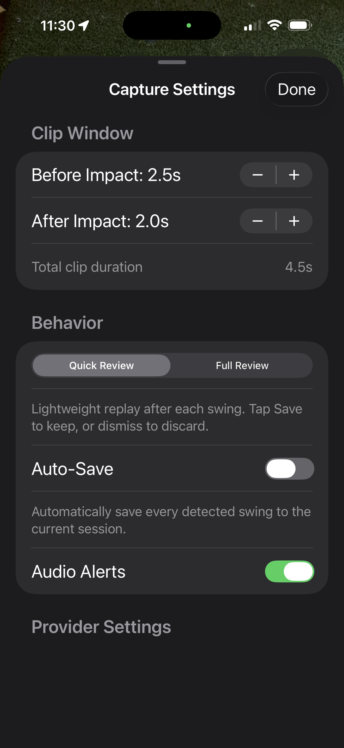 Capture Settings showing Quick Review vs Full Review toggle, clip window, and auto-save