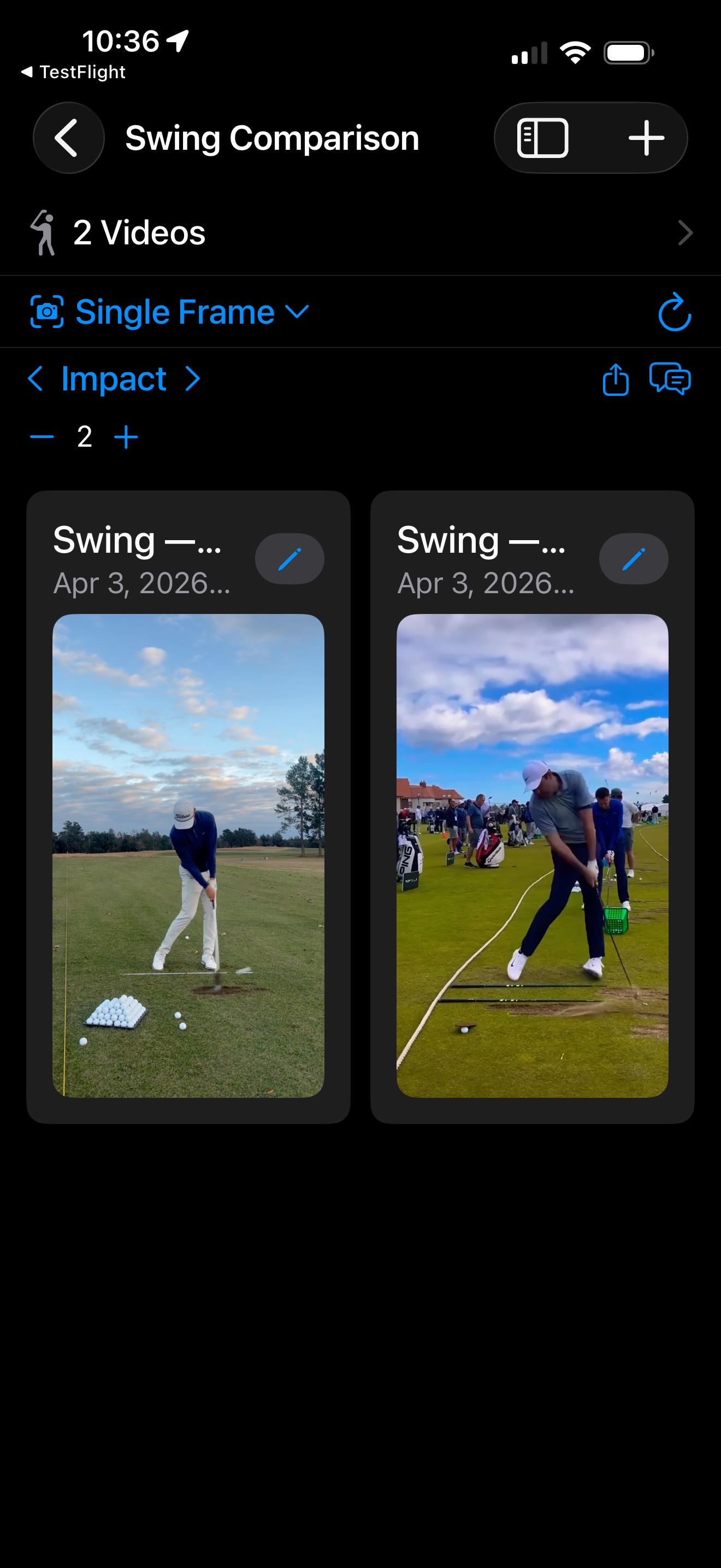 Two swings compared side by side in the filmstrip view