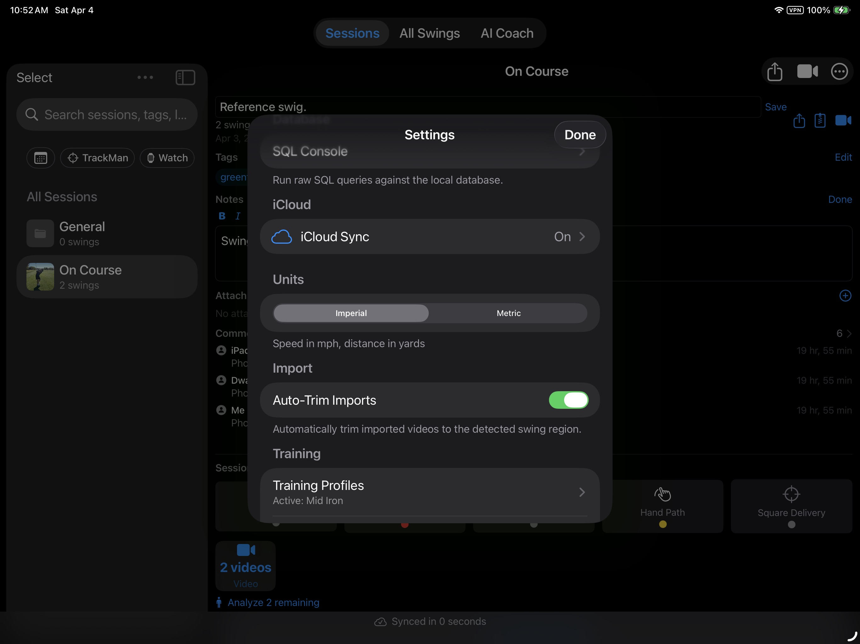 Settings showing iCloud Sync toggle