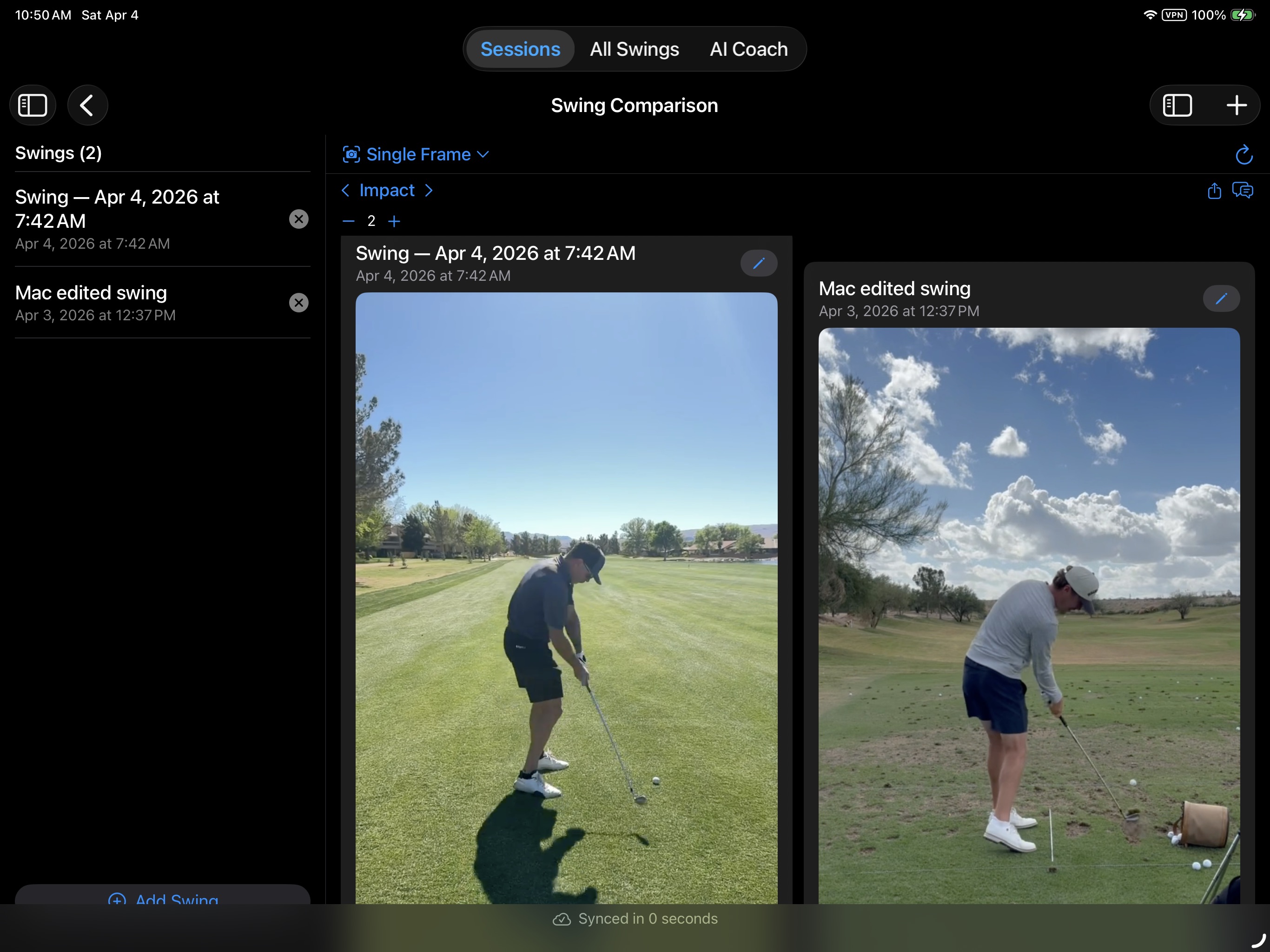 iPad showing swing comparison in split view with session sidebar
