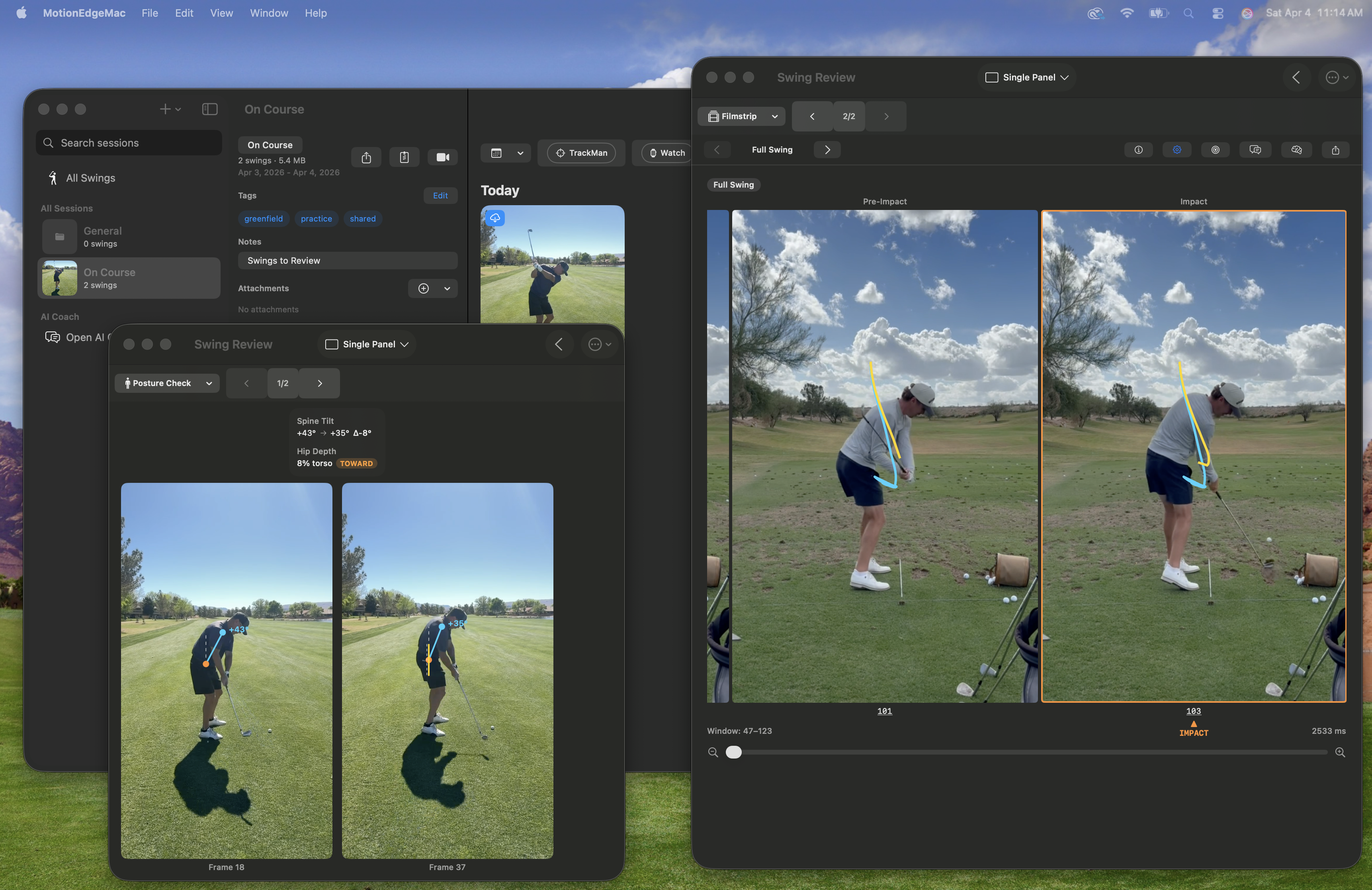 macOS with multiple windows — session detail and swing filmstrip side by side