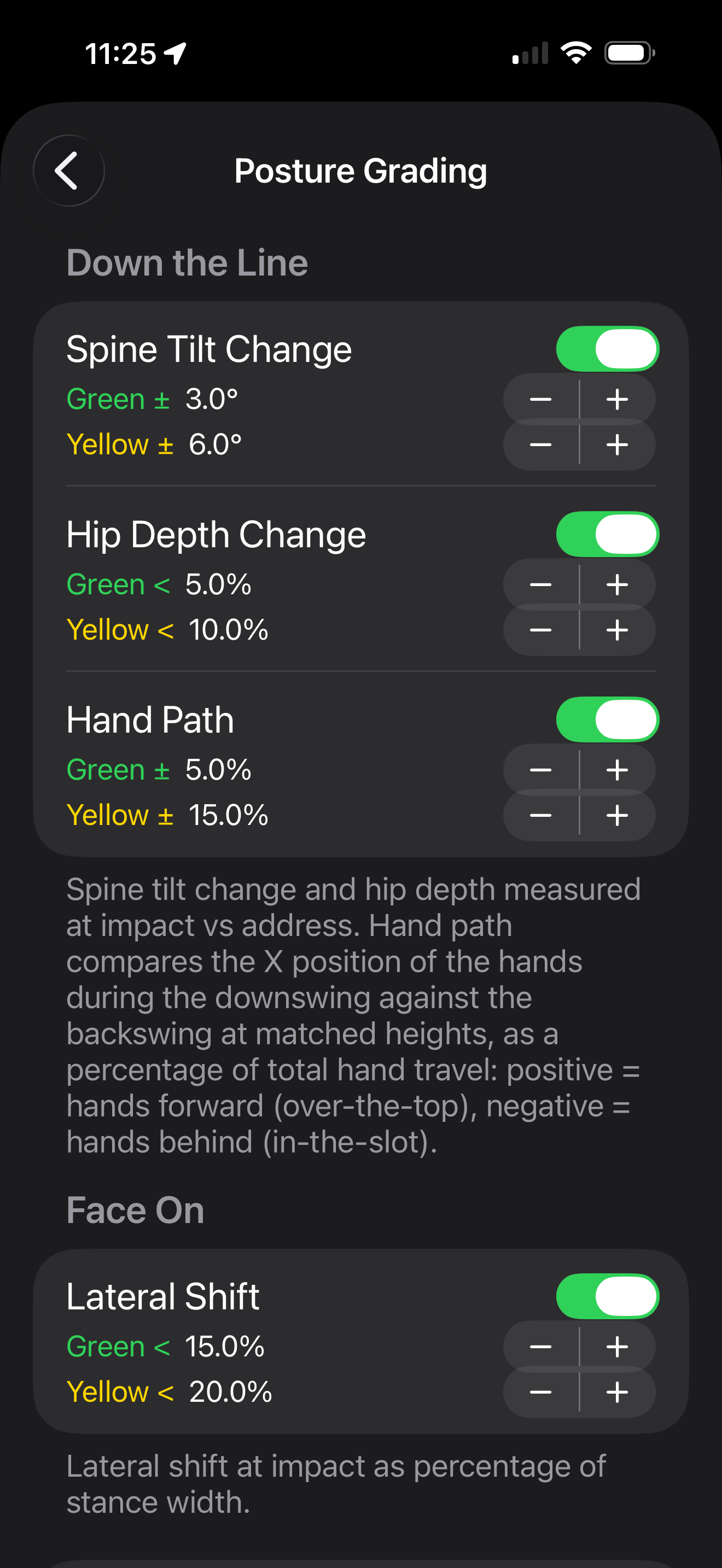 Posture Grading settings with customizable green/yellow thresholds