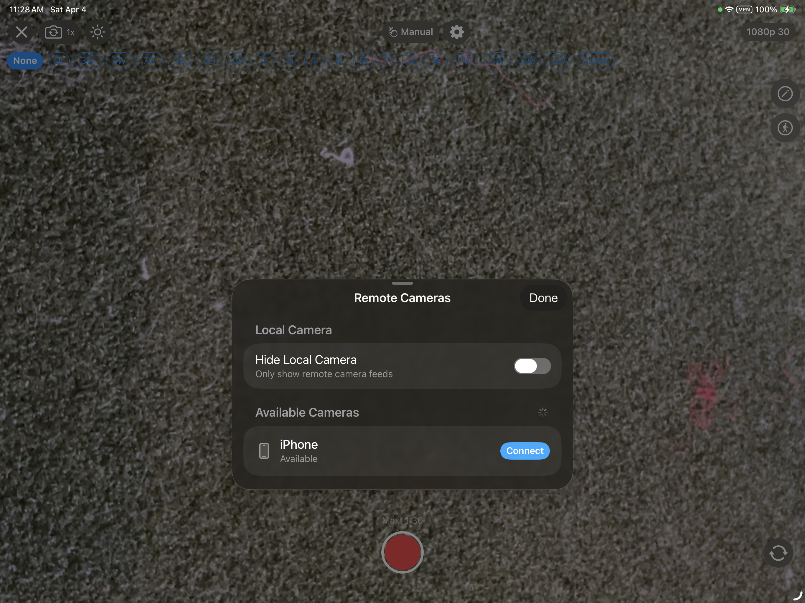iPad showing Remote Cameras panel with iPhone available to connect